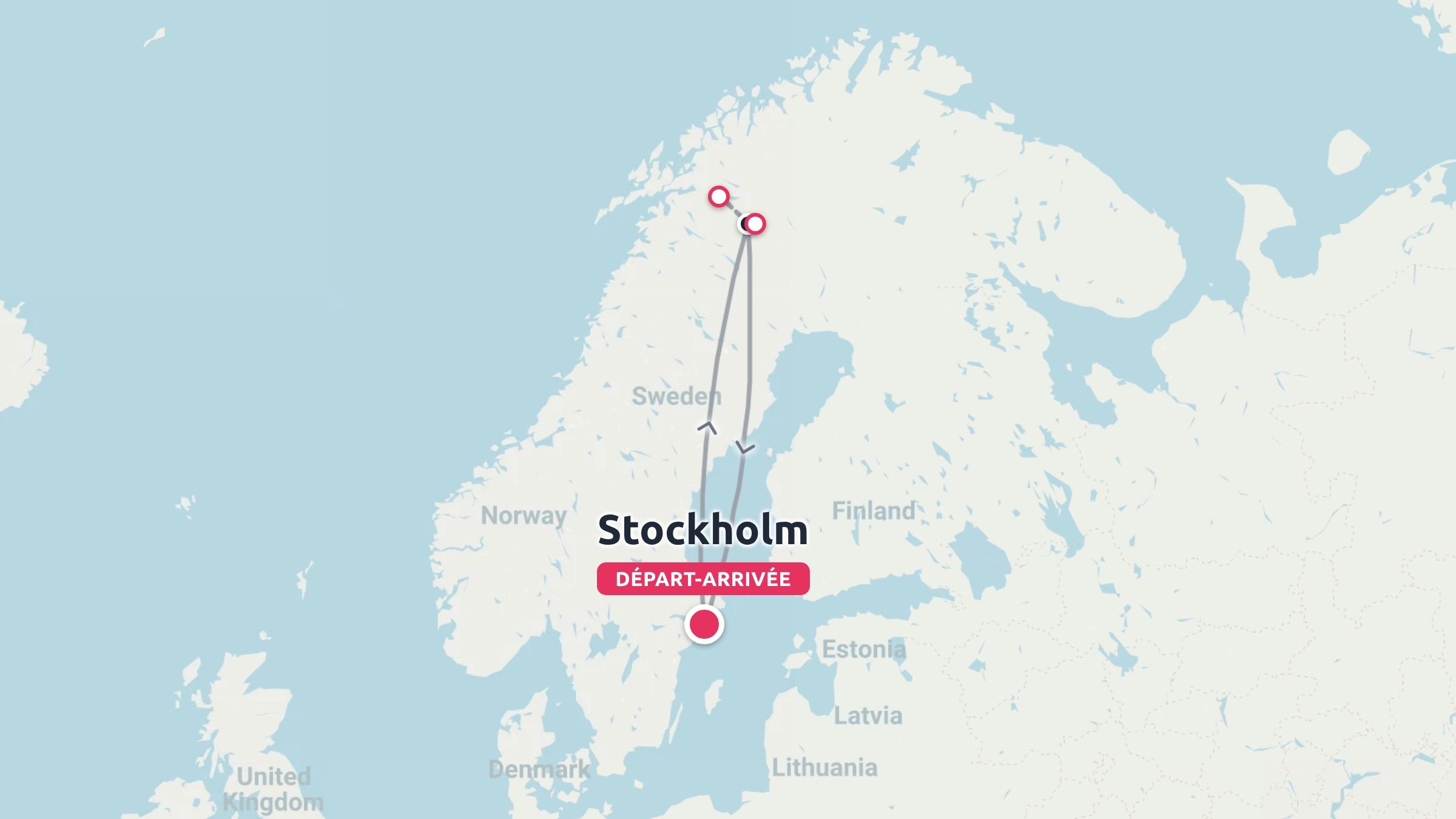 Carte de l'itinéraire de voyage en Scandinavie au départ et à l'arrivée de Stockholm, en Suède, faisant une boucle vers les destinations du nord.