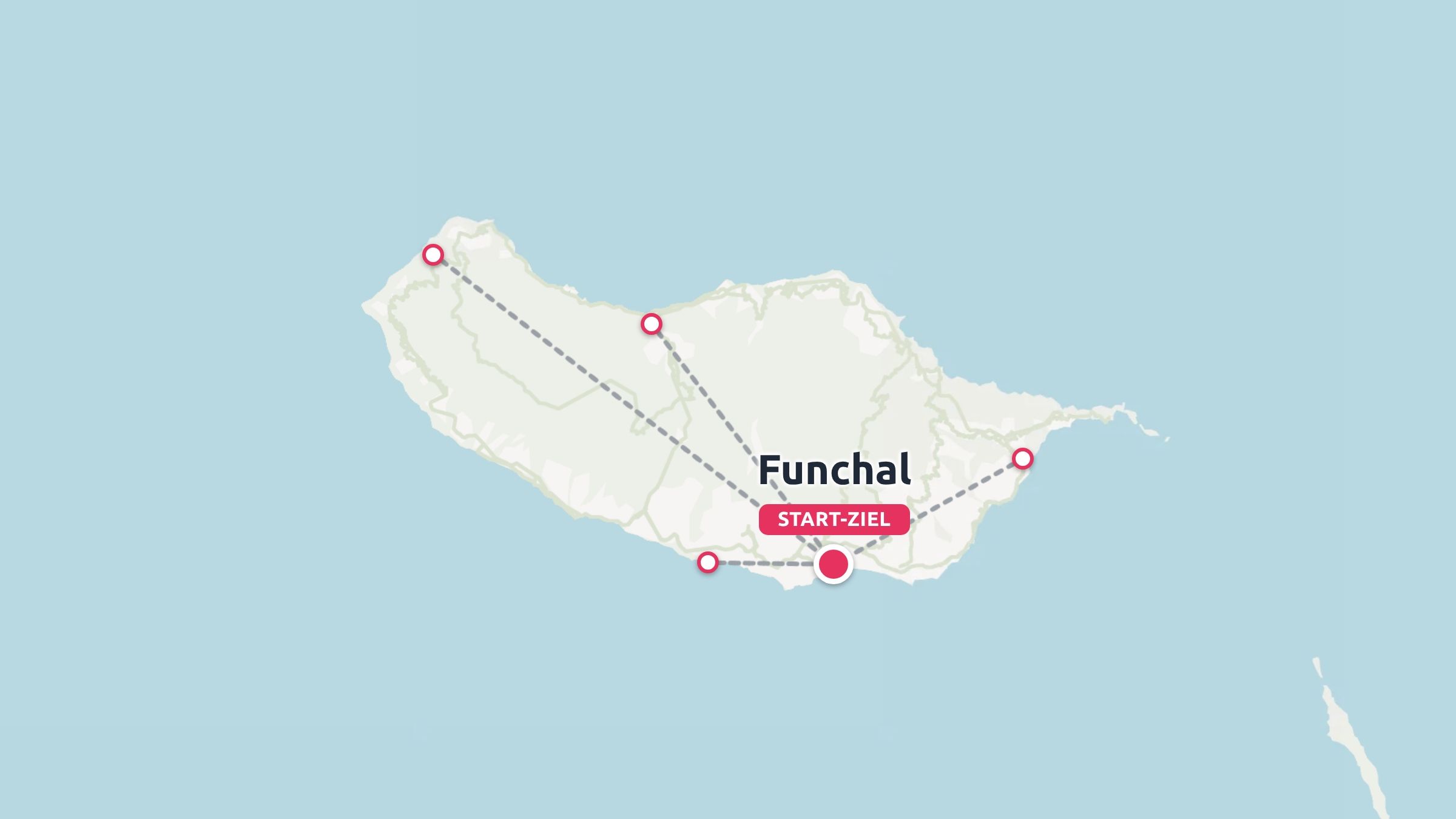Reiseroute mit markierten Punkten und Routen mit Start und Ziel in Funchal auf einer Insel