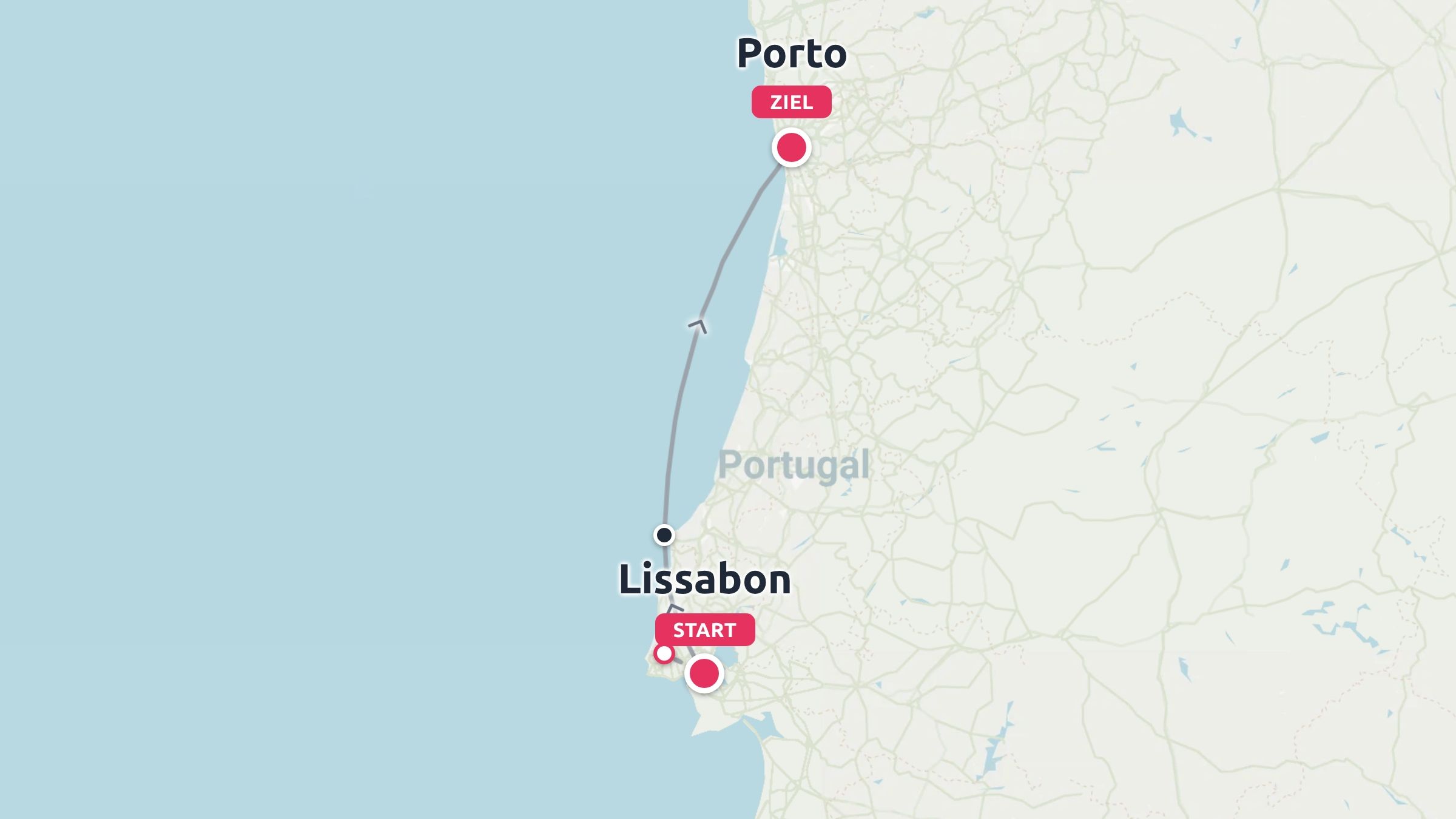 Portugal-Karte mit einer Reiseroute von Lissabon nach Porto entlang der Küste