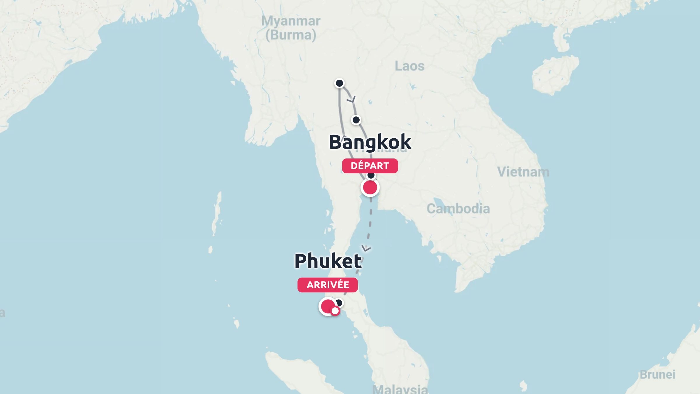 Un itineraire de voyage en Thailande commencant a Bangkok, faisant une boucle par le nord et se terminant a Phuket