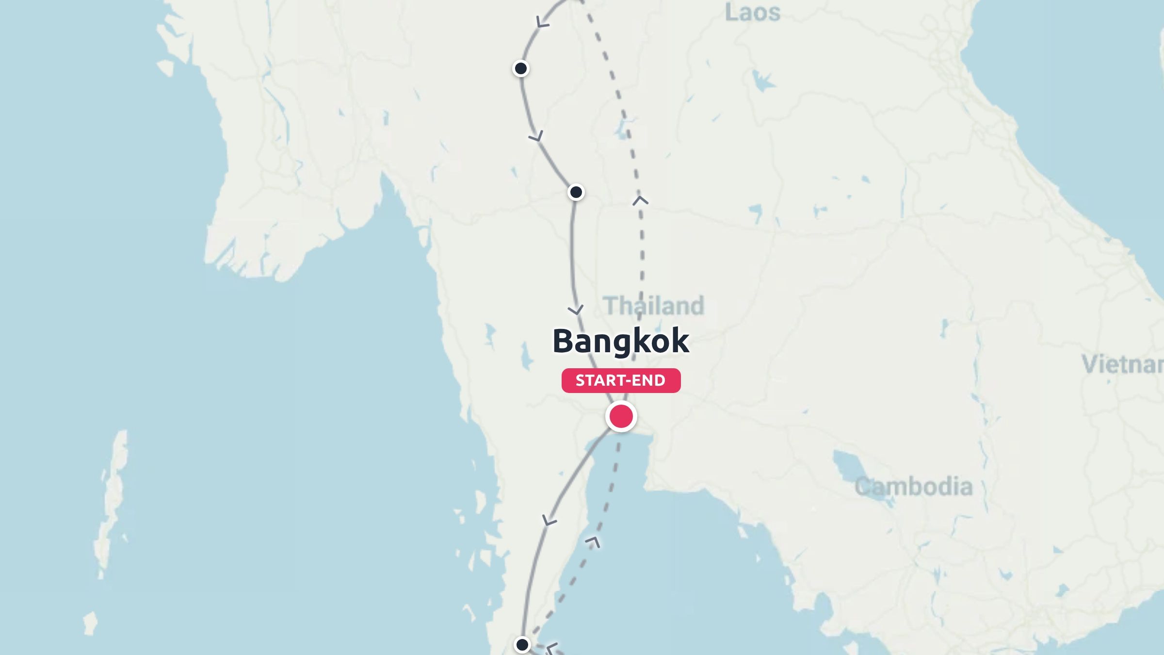 A travel itinerary map of Thailand showing a route starting and ending in Bangkok, extending north and south.