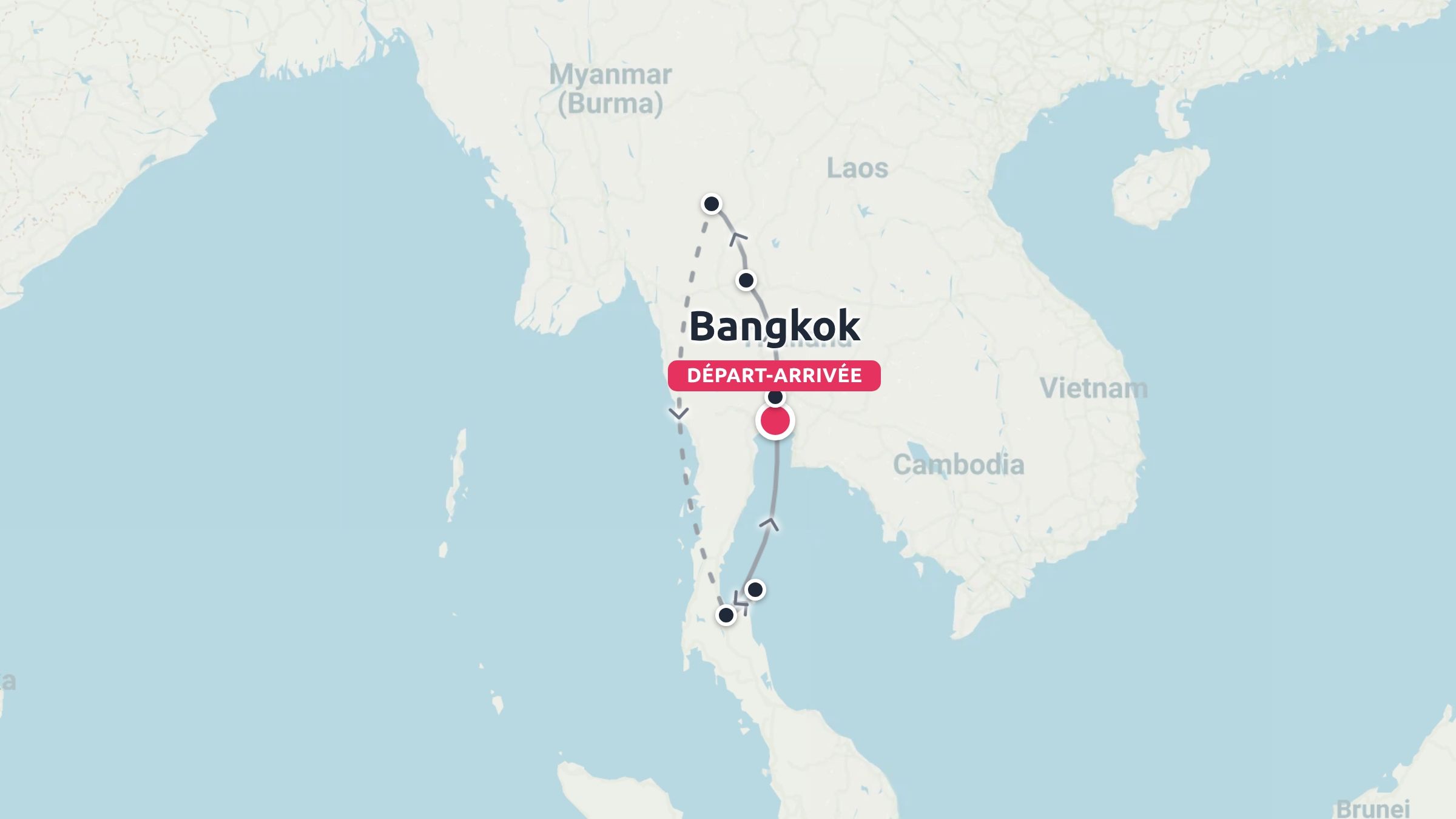 Un itineraire de voyage en Thailande au depart et a l'arrivee de Bangkok, bouclant par les destinations du nord et du sud