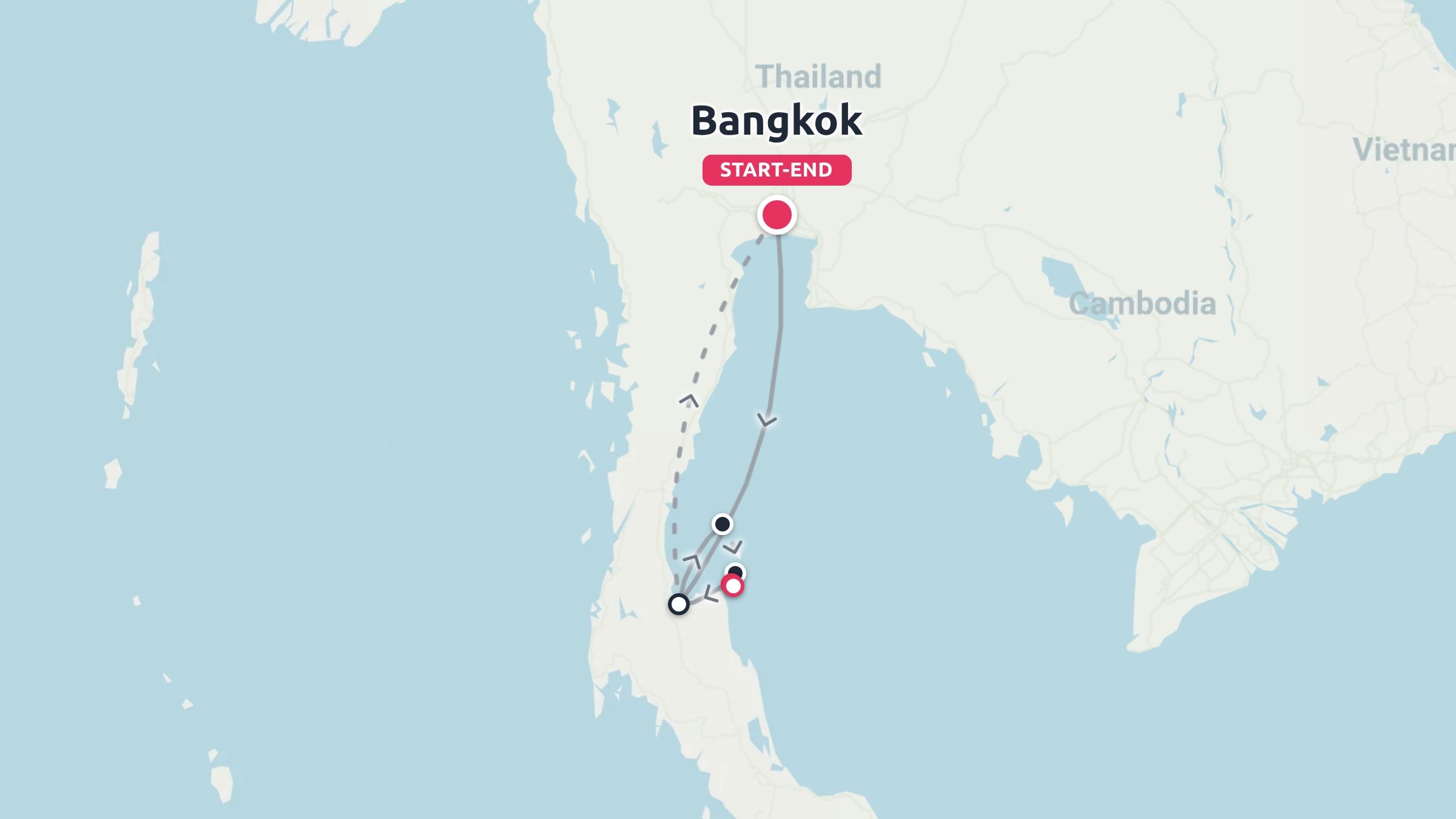 A travel route map of Thailand starting and ending in Bangkok, showing a travel loop to the southern islands.