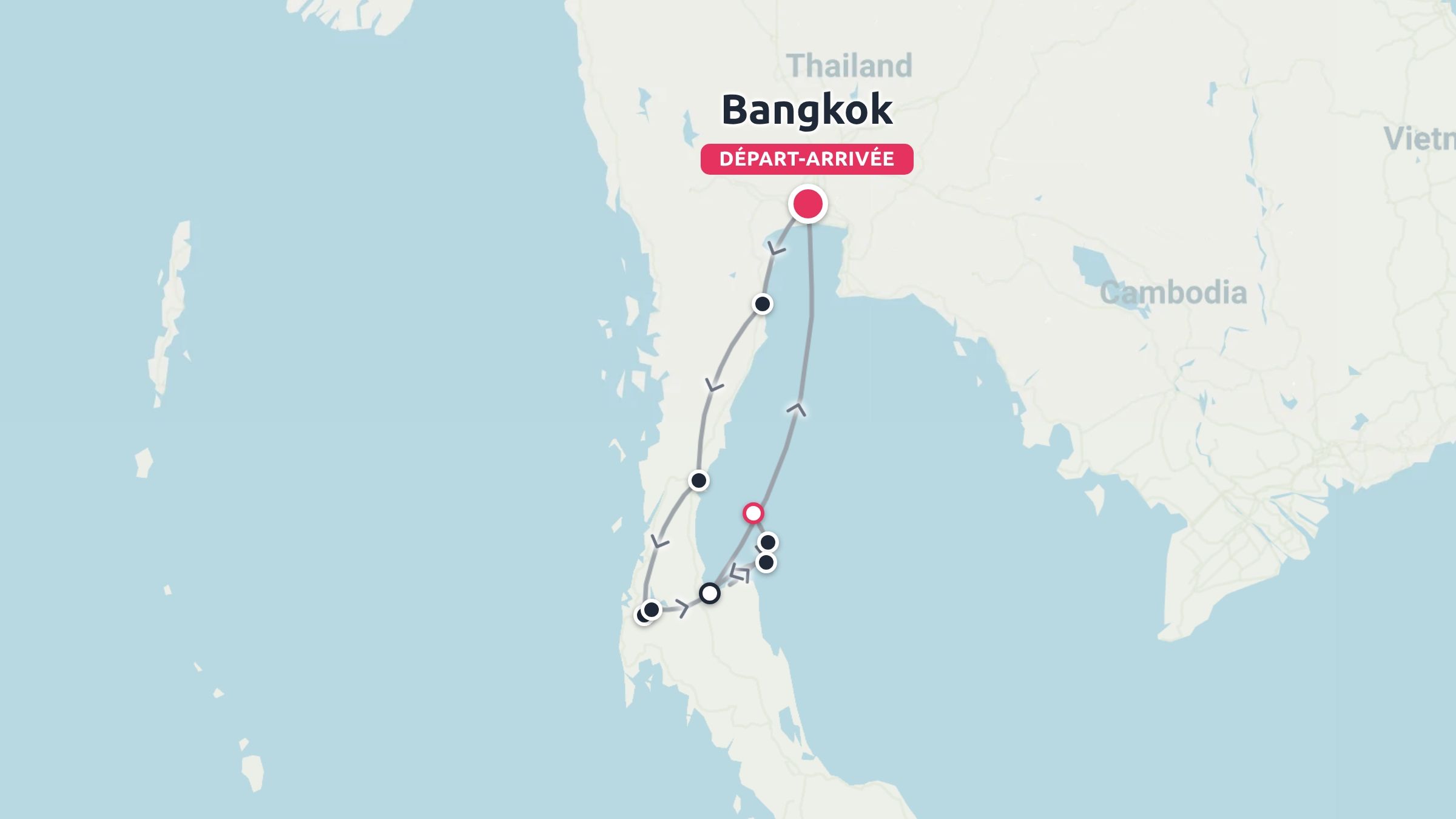 Une carte d'itinéraire de voyage en Thaïlande montrant un itinéraire commençant et se terminant à Bangkok, bouclant à travers la péninsule du sud.