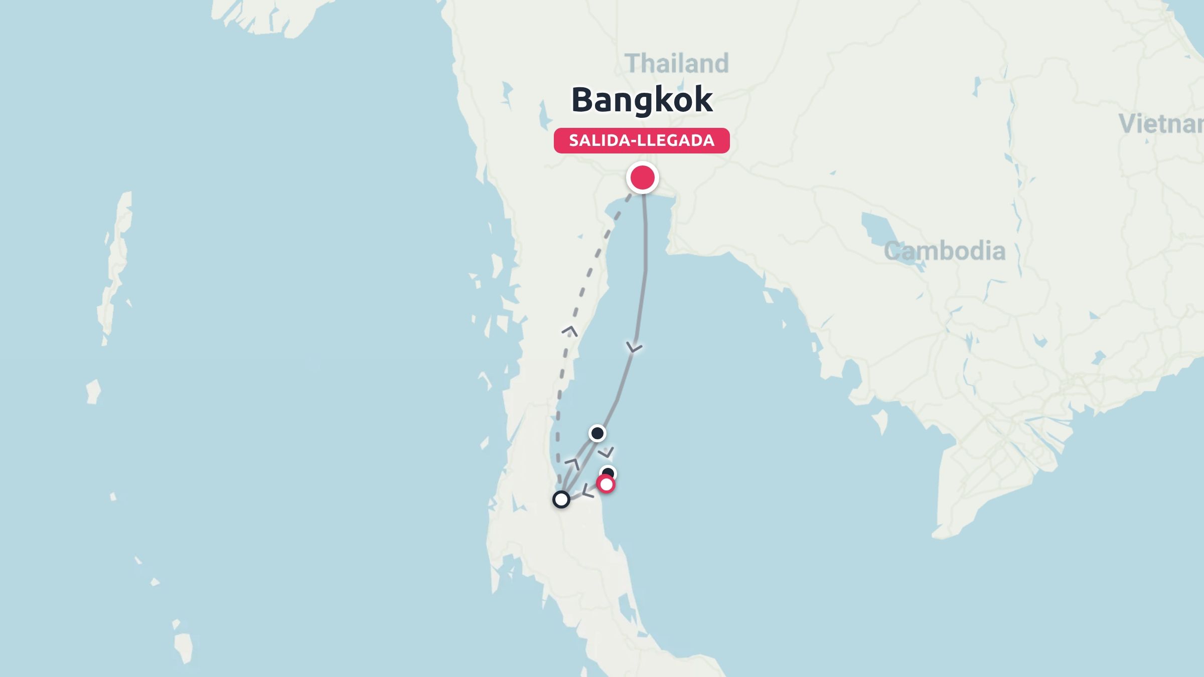 Mapa de ruta de viaje de Tailandia que muestra un itinerario de ida y vuelta que empieza y termina en Bangkok.