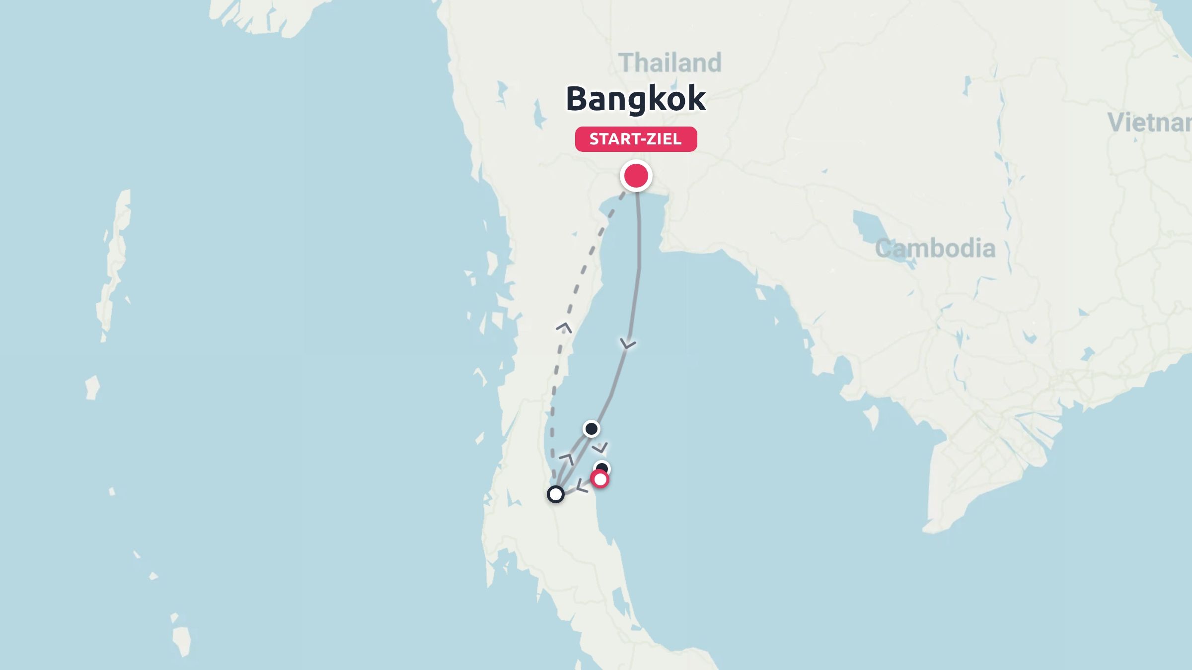 Eine Reiseroute durch Thailand mit Start und Ende in Bangkok, die eine Reise durch die Südregion skizziert.