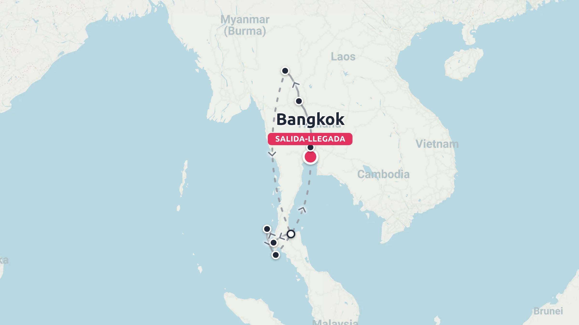 Un mapa de ruta de viaje por Tailandia y el Sudeste Asiático con los puntos de inicio y fin marcados en Bangkok.