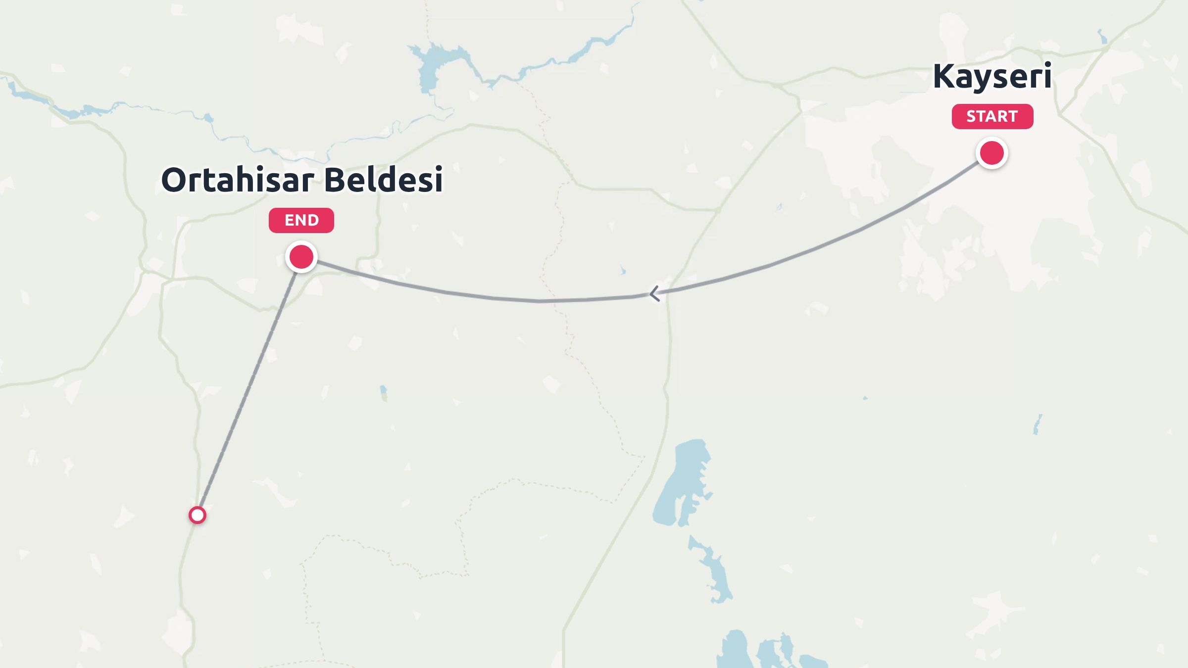 A travel route map with a path line starting in Kayseri and ending in Ortahisar Beldesi.