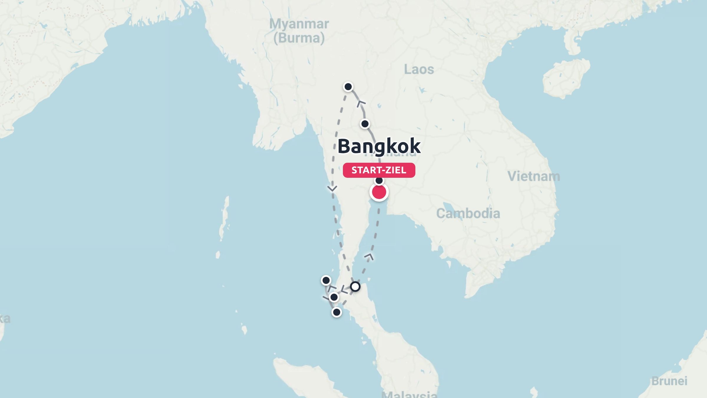 Eine Reiseroute durch Thailand, die in Bangkok beginnt und endet und einen gestrichelten Reiseweg durch das Land zeigt.