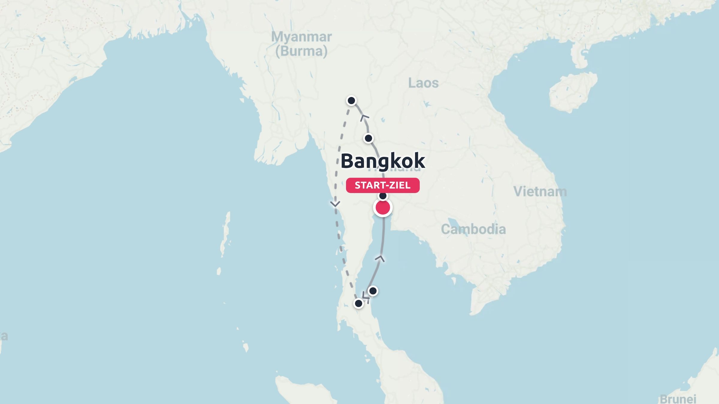Eine Reiseroute durch Thailand mit Start und Ende in Bangkok sowie Zwischenstopps im Norden und Süden