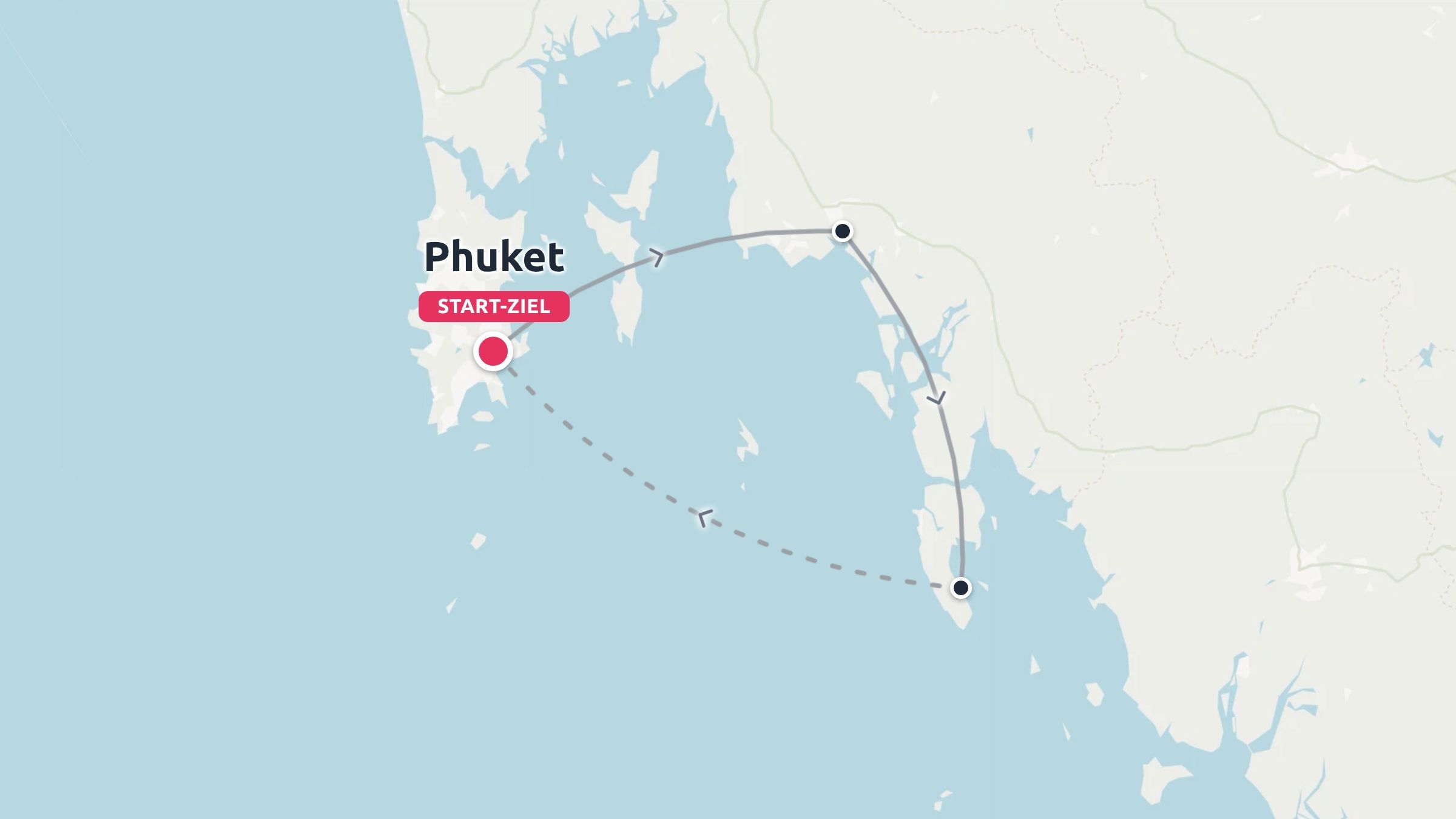 Reiseroute, die eine dreieckige Reiseroute mit Start und Ziel in Phuket zeigt.