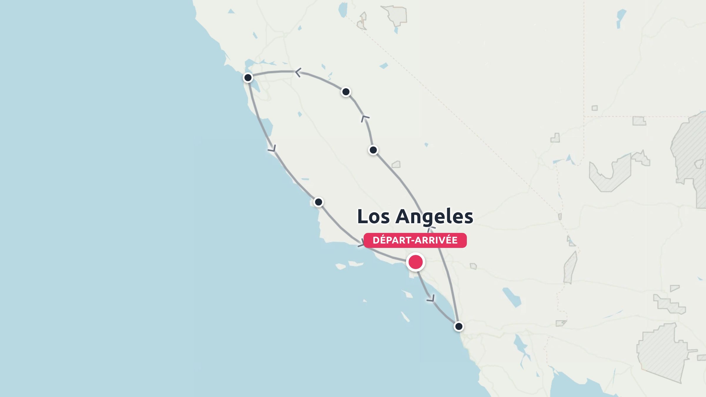 Carte d'itinéraire de voyage le long de la côte californienne au départ et à l'arrivée de Los Angeles avec des points de destination marqués