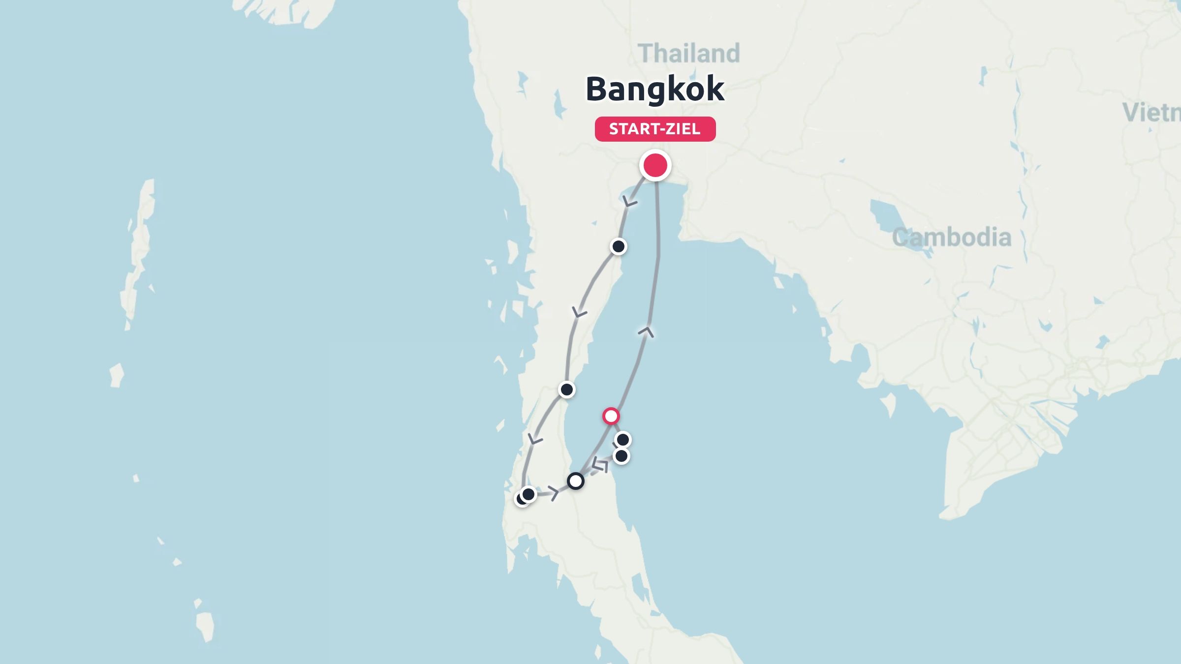 Reisekarte von Thailand mit einer Rundreise, die in Bangkok beginnt und endet, über südliche Inseln und Küsten.