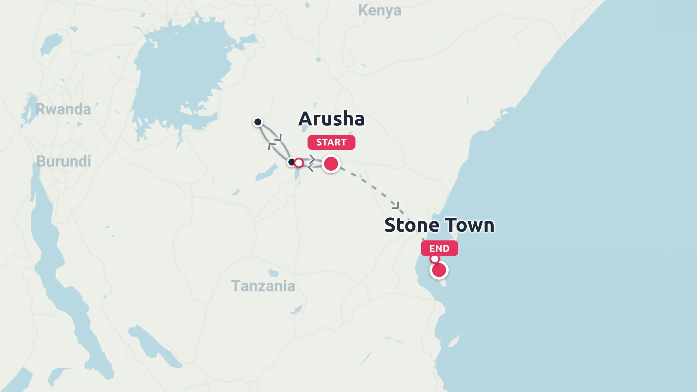 Travel route map of Tanzania displaying an itinerary starting in Arusha and ending in Stone Town.