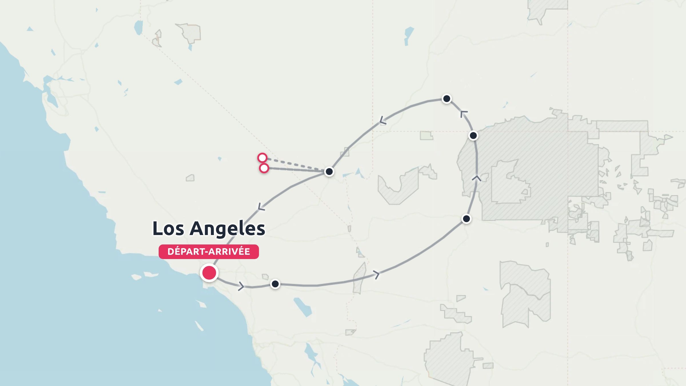 Carte de l'itinéraire de voyage montrant un parcours circulaire débutant et se terminant à Los Angeles.