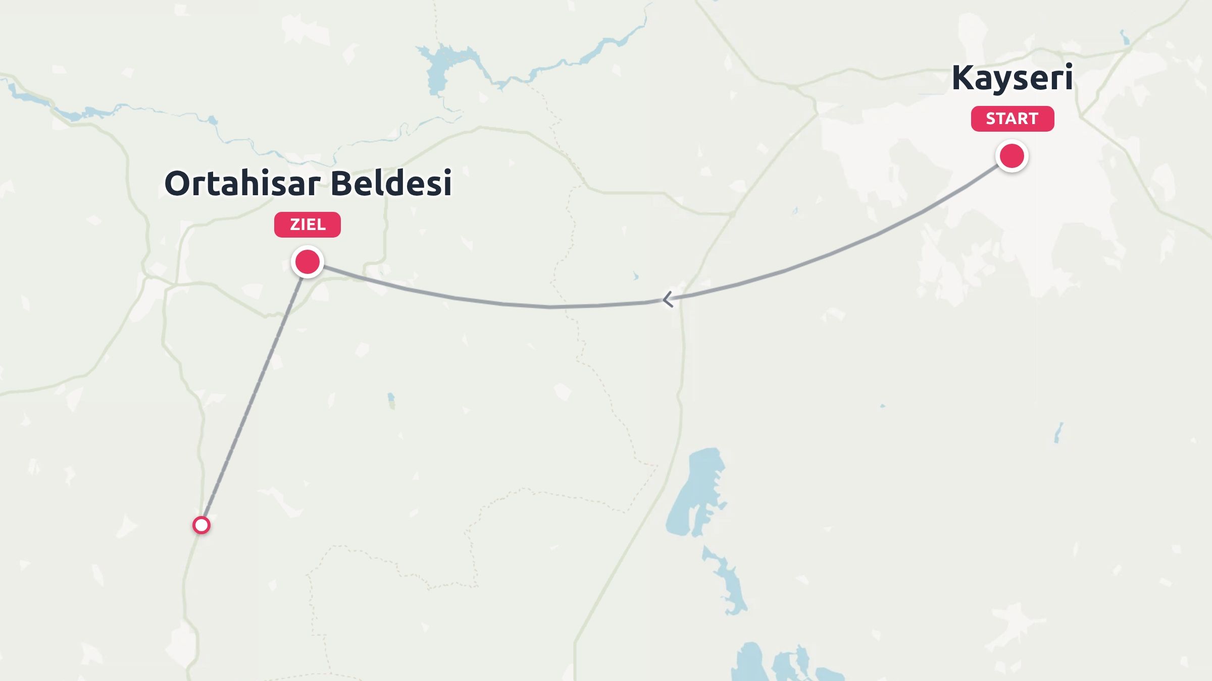 Eine Reiseroute, die einen Weg von Kayseri nach Ortahisar Beldesi zeigt.