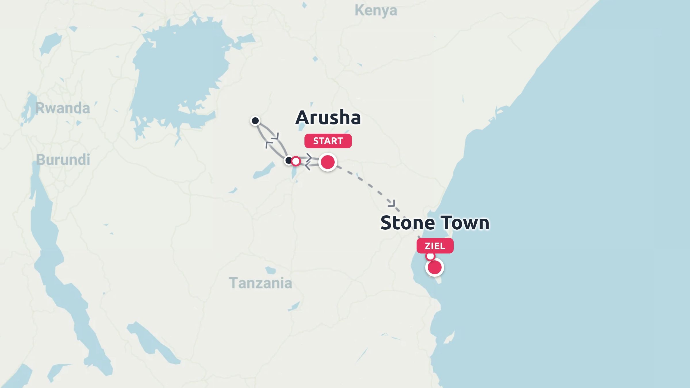 Reisekarte mit einer Route in Tansania, beginnend in Arusha und endend in Stone Town.