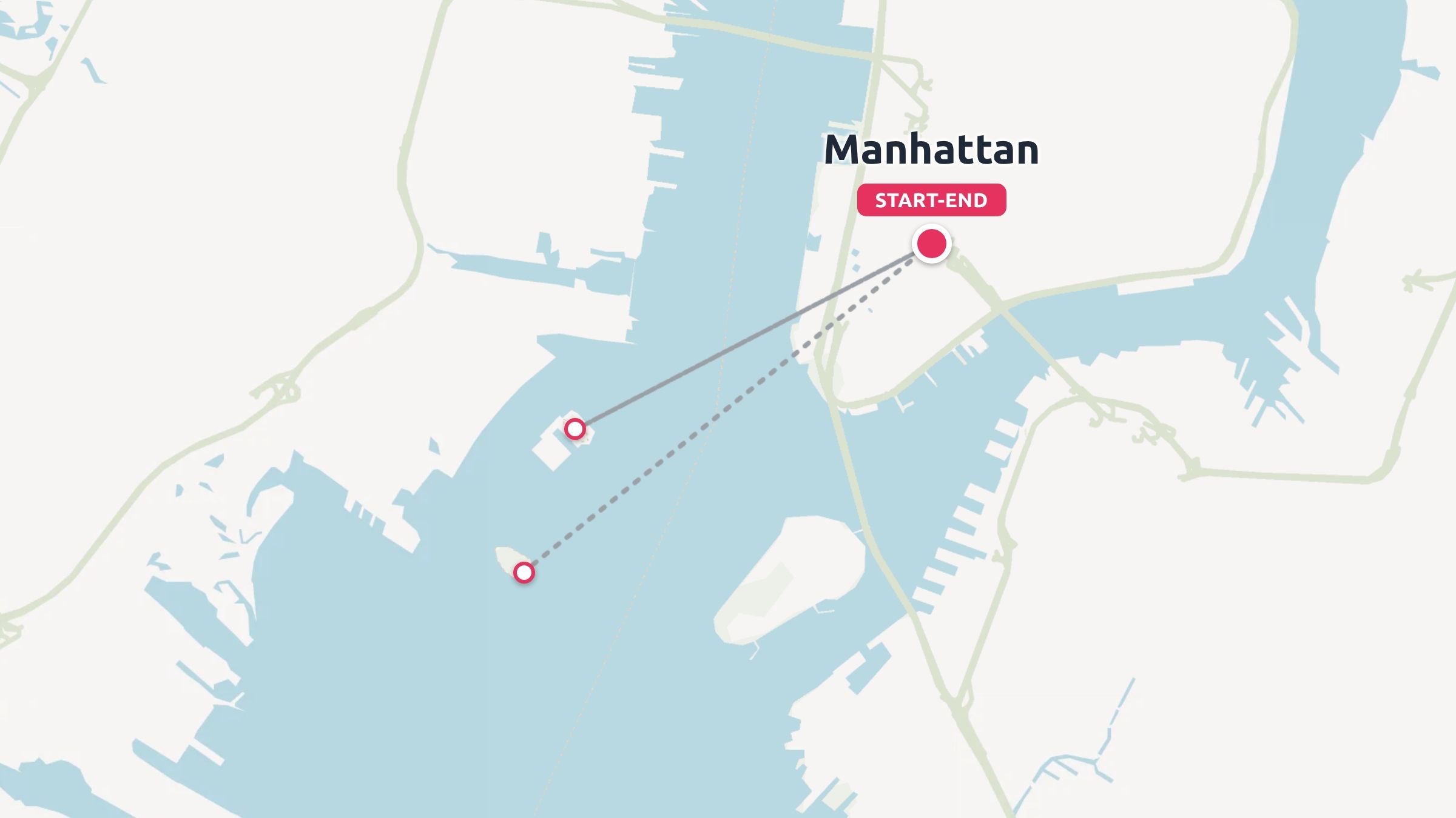 A map of Manhattan showing a travel route connecting to nearby harbor islands with a start and end point.