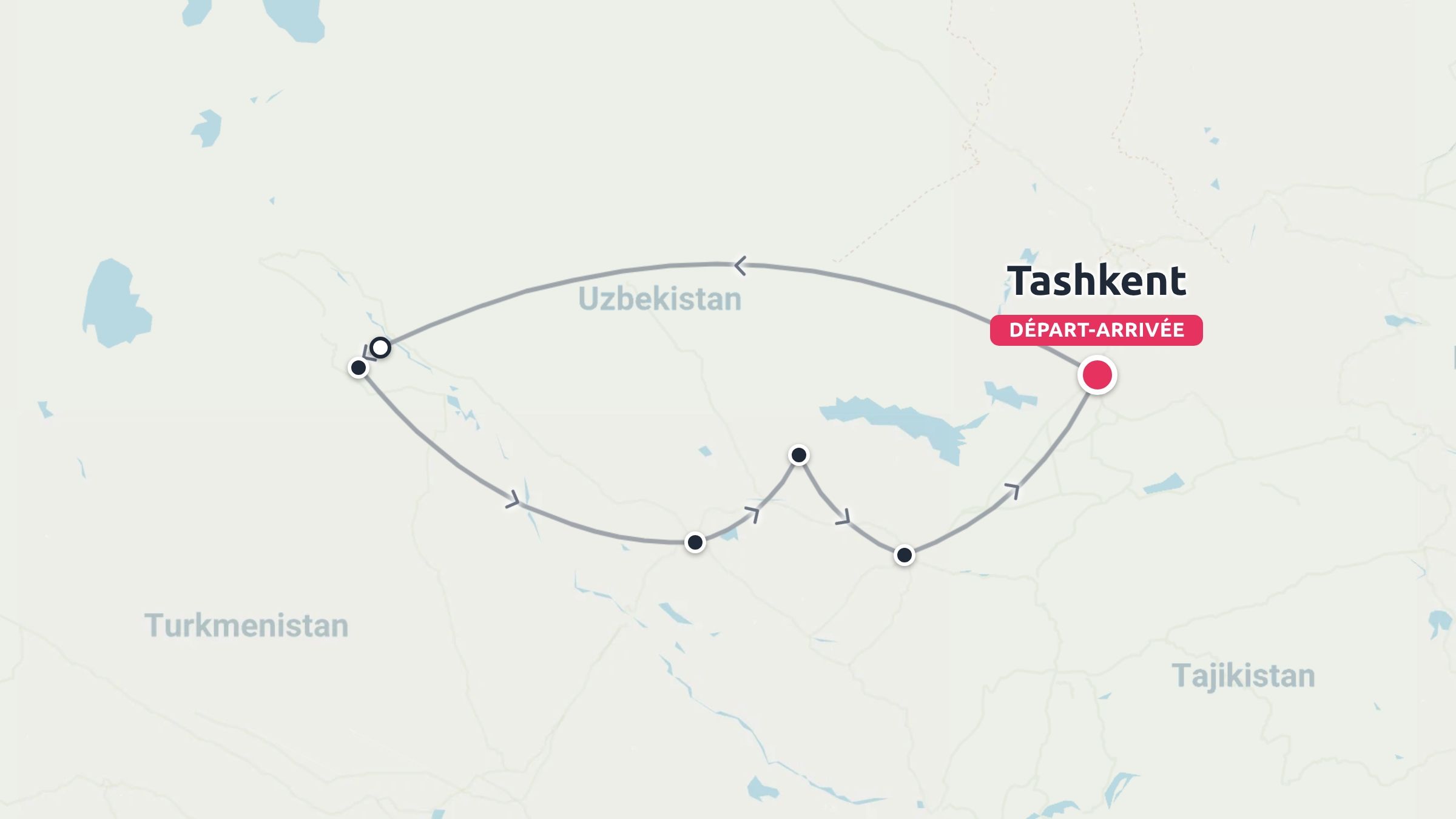 Carte de l'itinéraire de voyage montrant un parcours circulaire en Ouzbékistan, avec un départ et une arrivée à Tachkent.