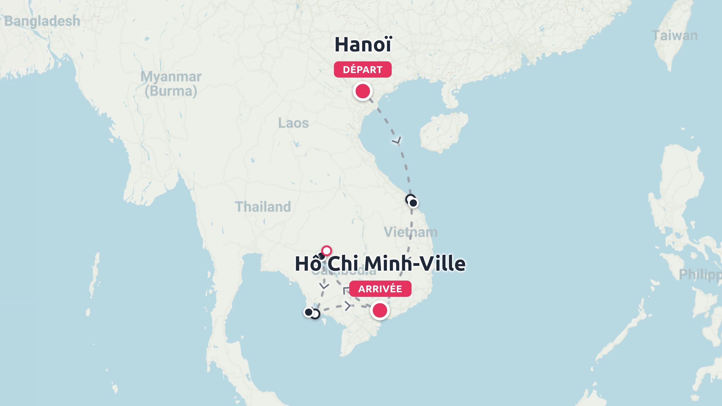 Une carte d'itinéraire de voyage du Vietnam montrant un parcours commençant à Hanoï et se terminant à Hô Chi Minh-Ville.