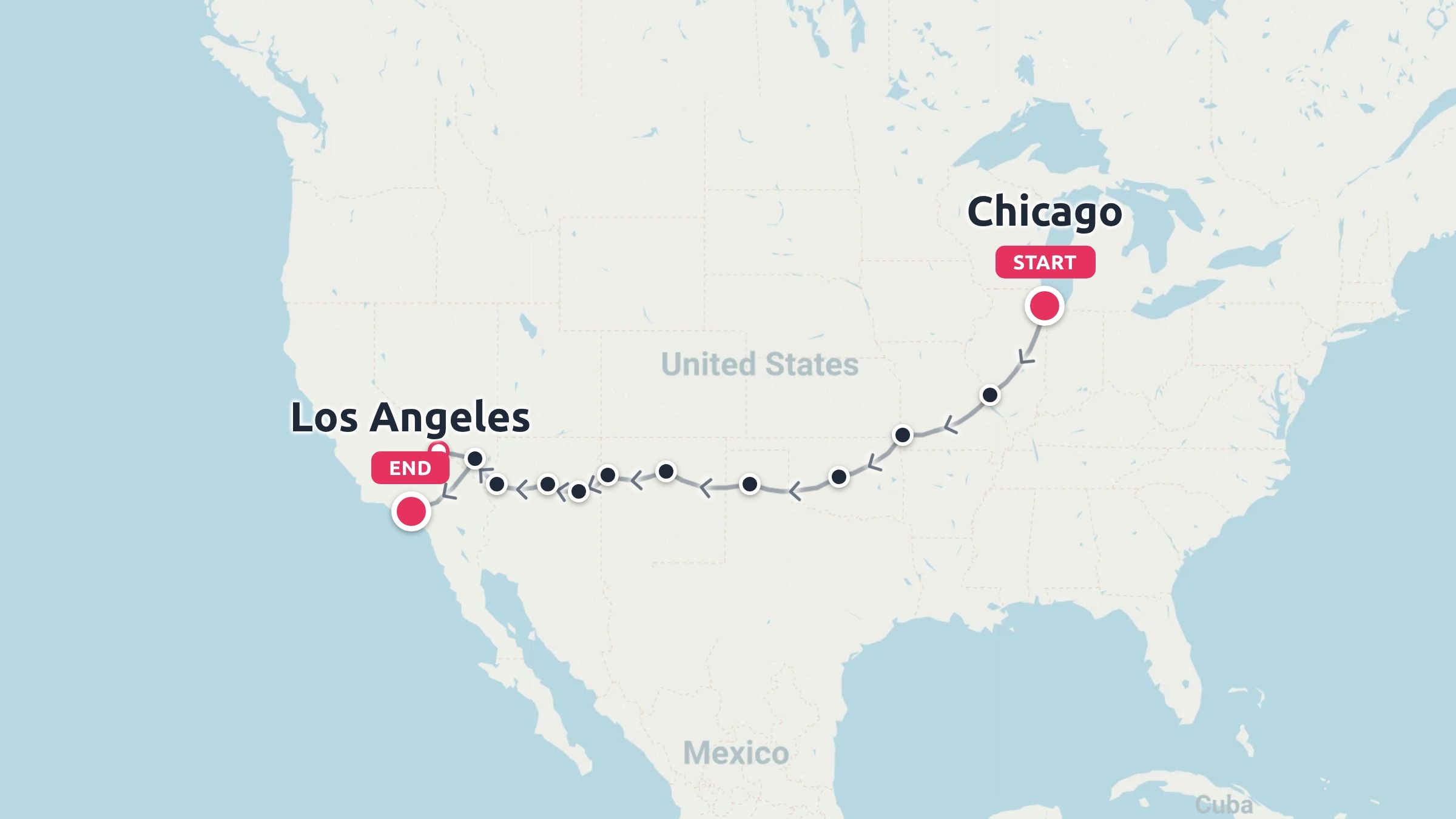 A map of the United States showing a travel route starting in Chicago and ending in Los Angeles.