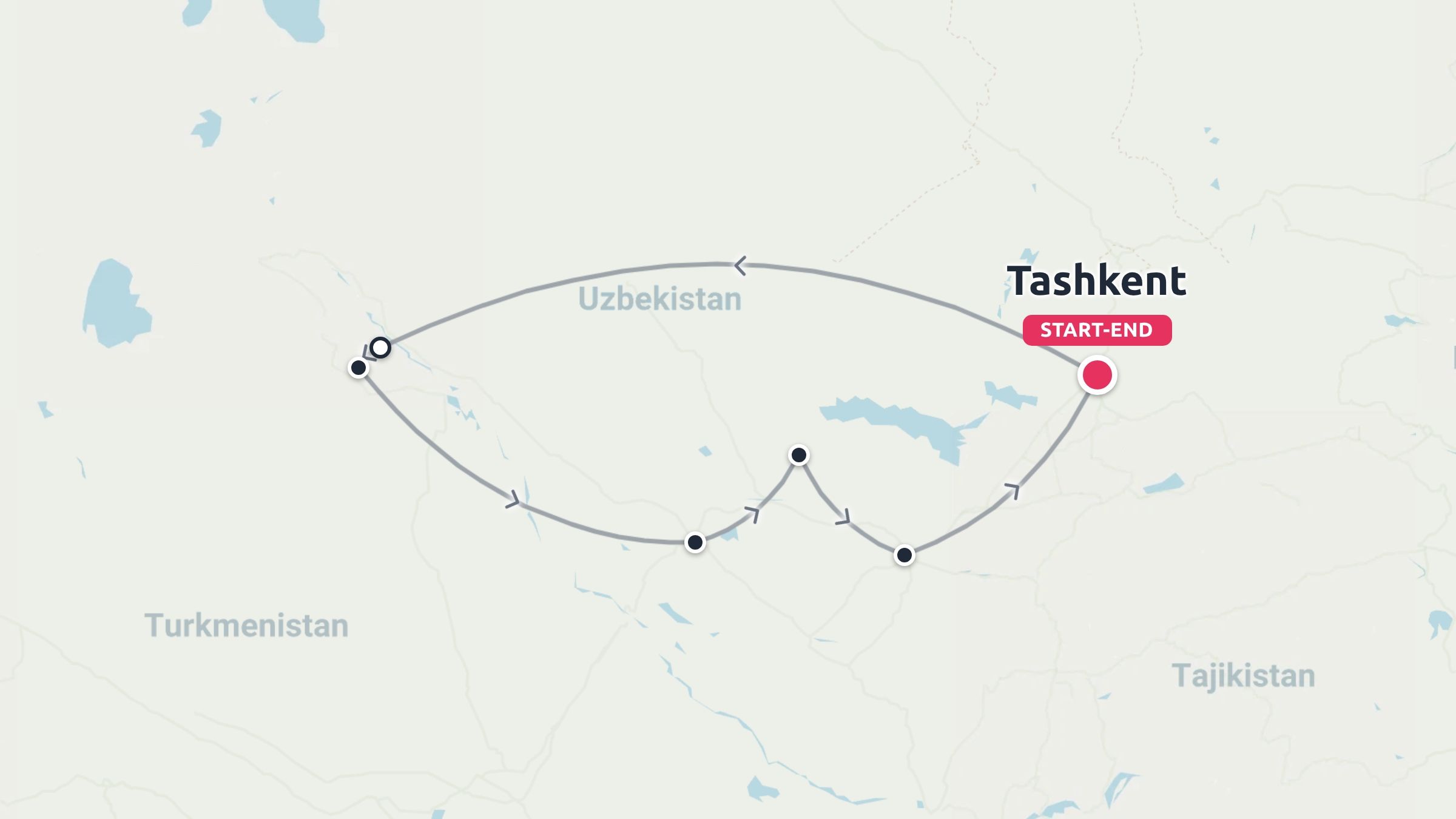 A travel map of Uzbekistan showing a circular journey route starting and ending in Tashkent.