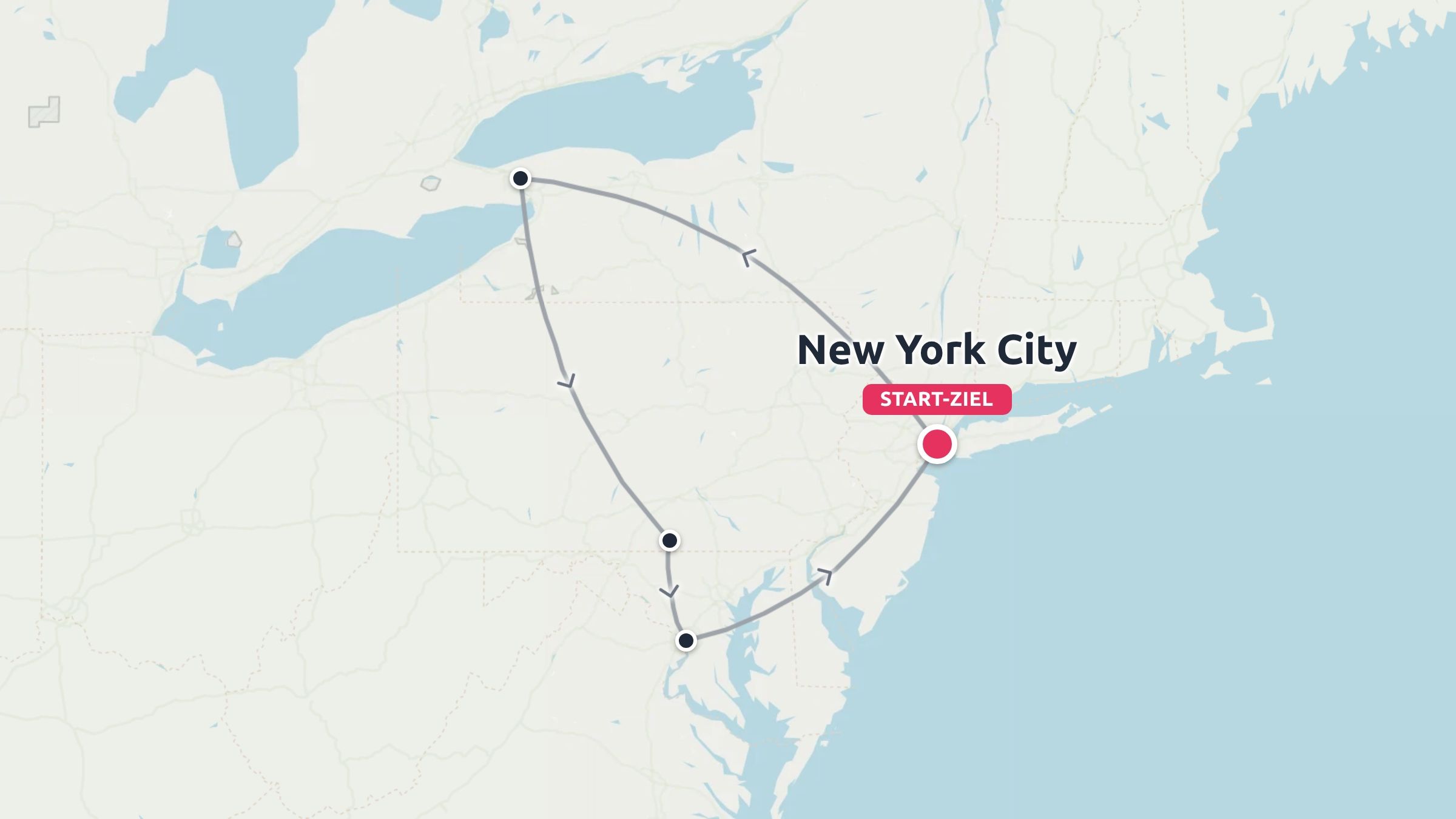 Reiseroute für den Nordosten der Vereinigten Staaten mit Start und Ziel in New York City und mehreren Zwischenstopps