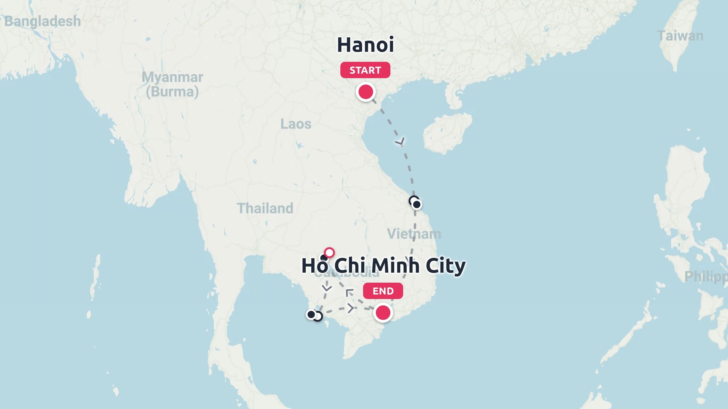 A travel map of Vietnam illustrating a travel itinerary starting in Hanoi and ending in Ho Chi Minh City.
