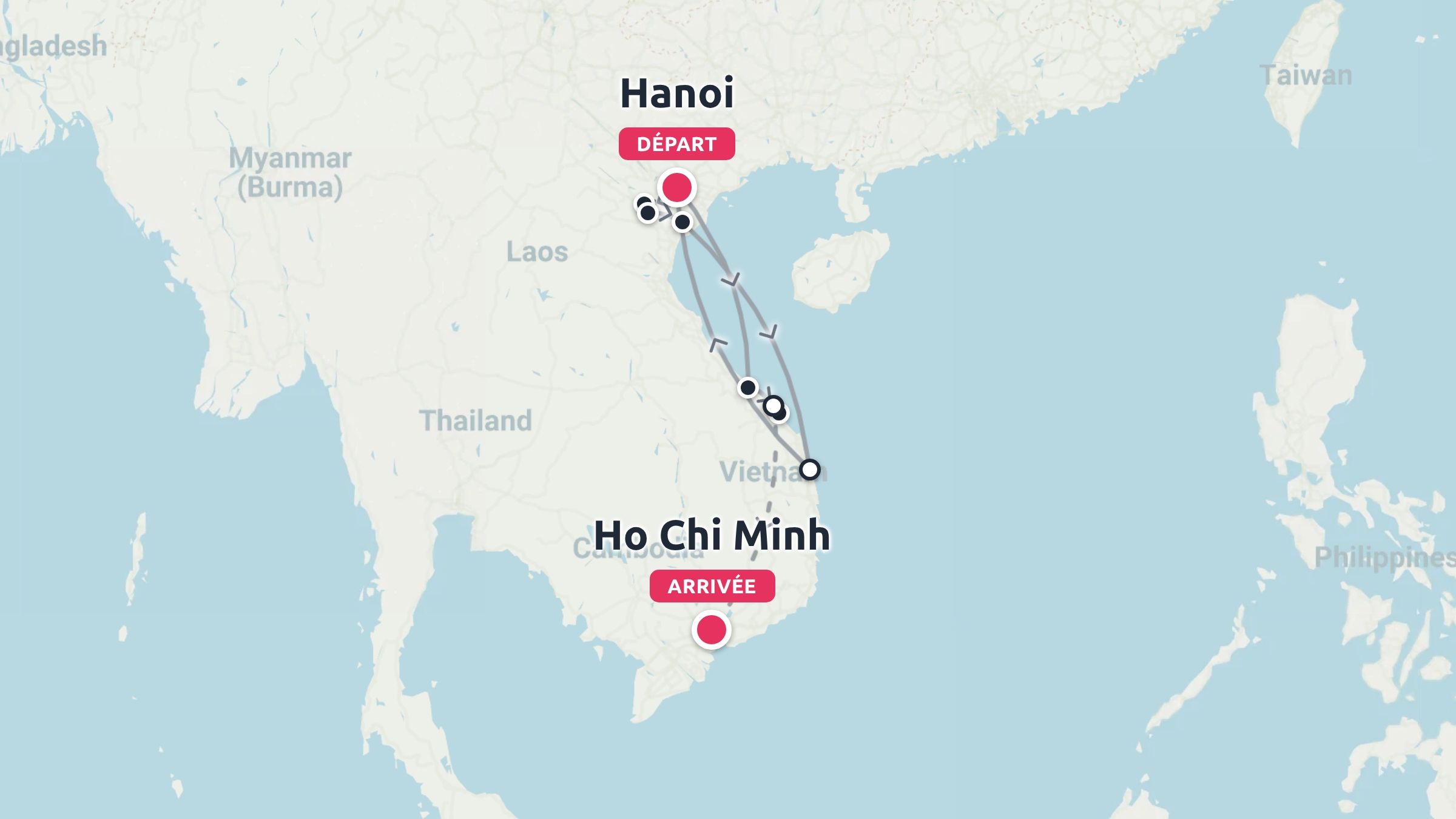 Carte de l'itinéraire de voyage au Vietnam montrant un trajet commençant à Hanoï et se terminant à Hô Chi Minh-Ville