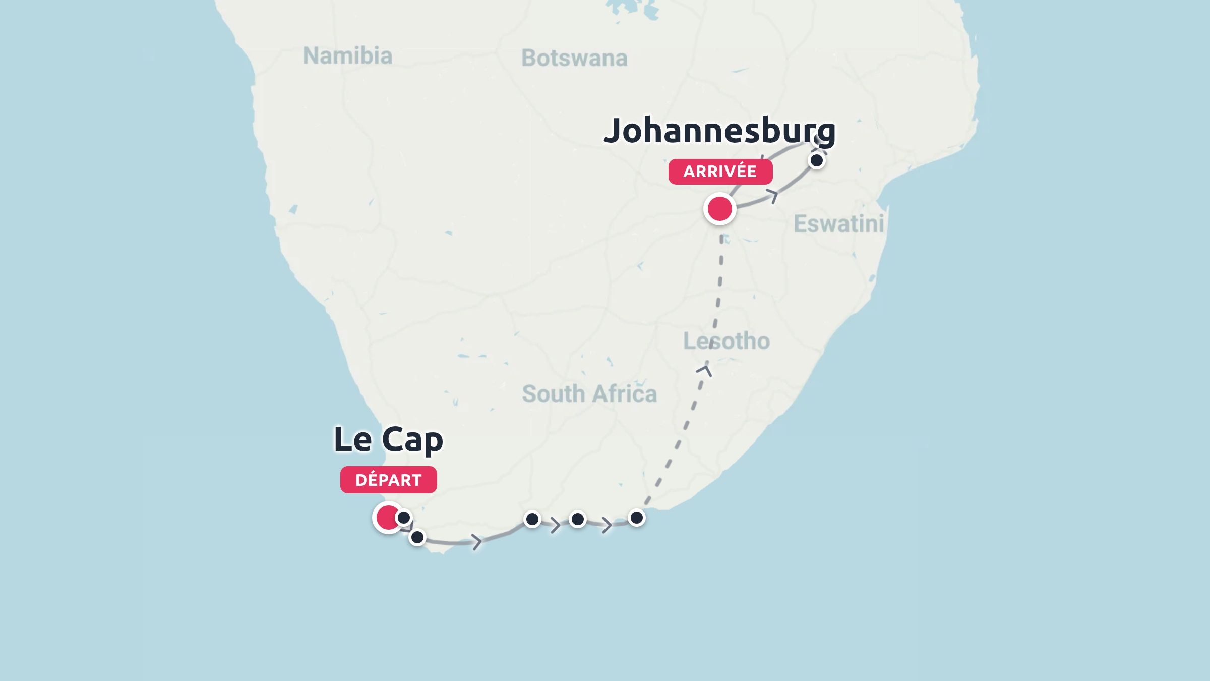 Carte de l'itinéraire de voyage en Afrique du Sud montrant un parcours du départ du Cap à l'arrivée à Johannesbourg