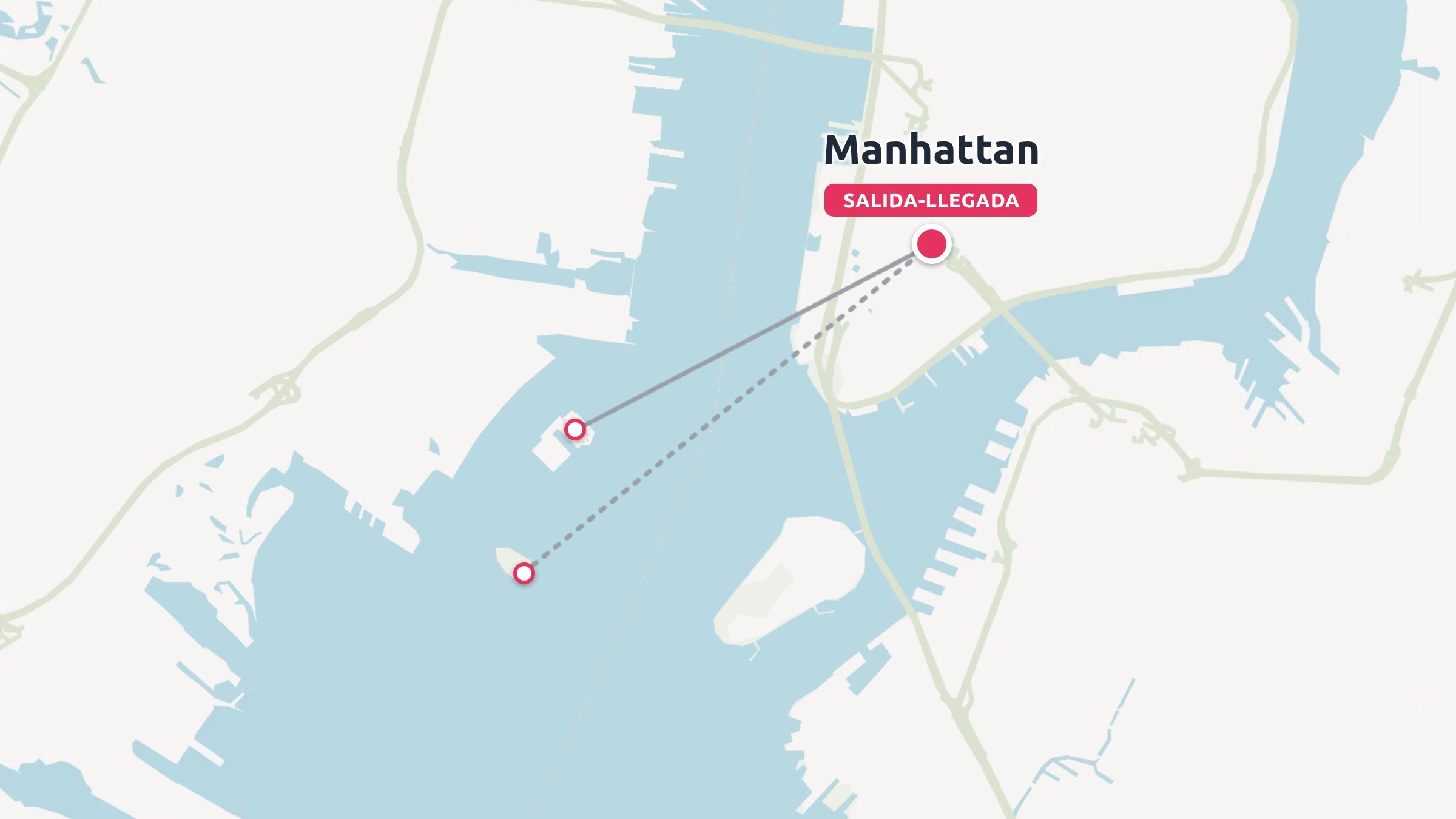 Un mapa de ruta de viaje de Manhattan que indica los puntos de salida y llegada que conectan las islas cercanas del puerto.