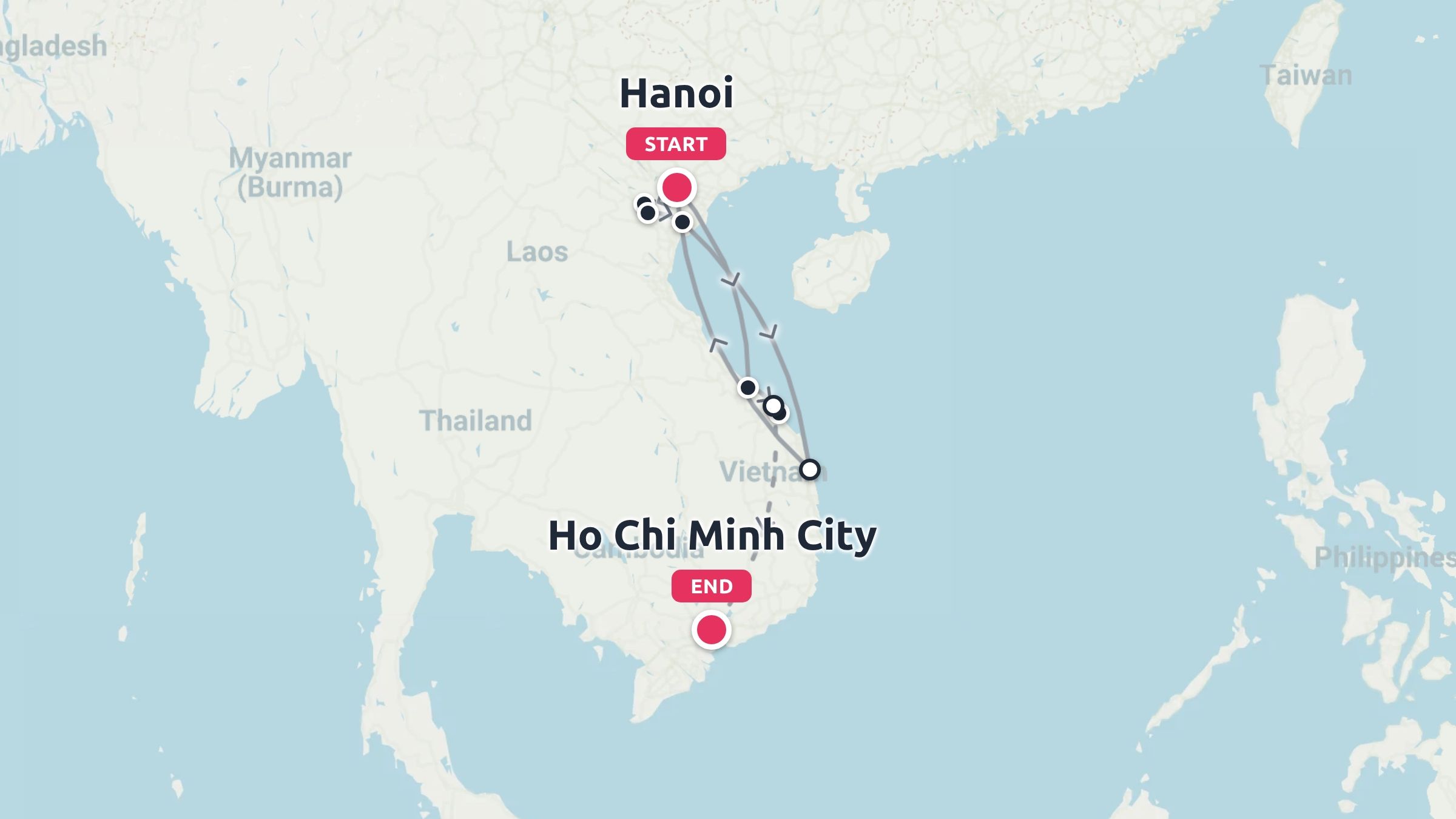 Travel route map of Vietnam showing an itinerary starting in Hanoi and ending in Ho Chi Minh City.