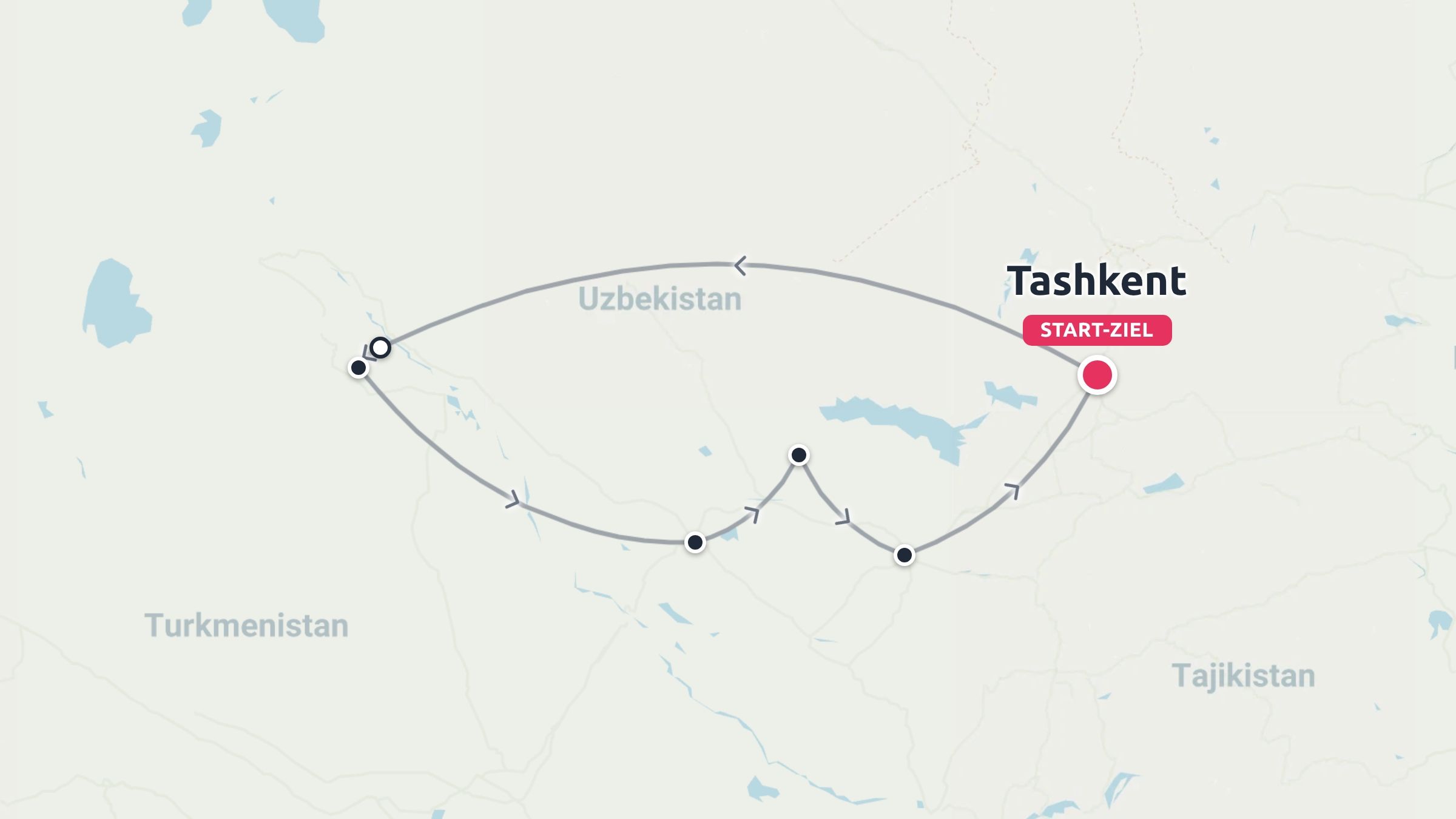 Eine Reiseroute durch Usbekistan mit Start und Ziel in Taschkent.