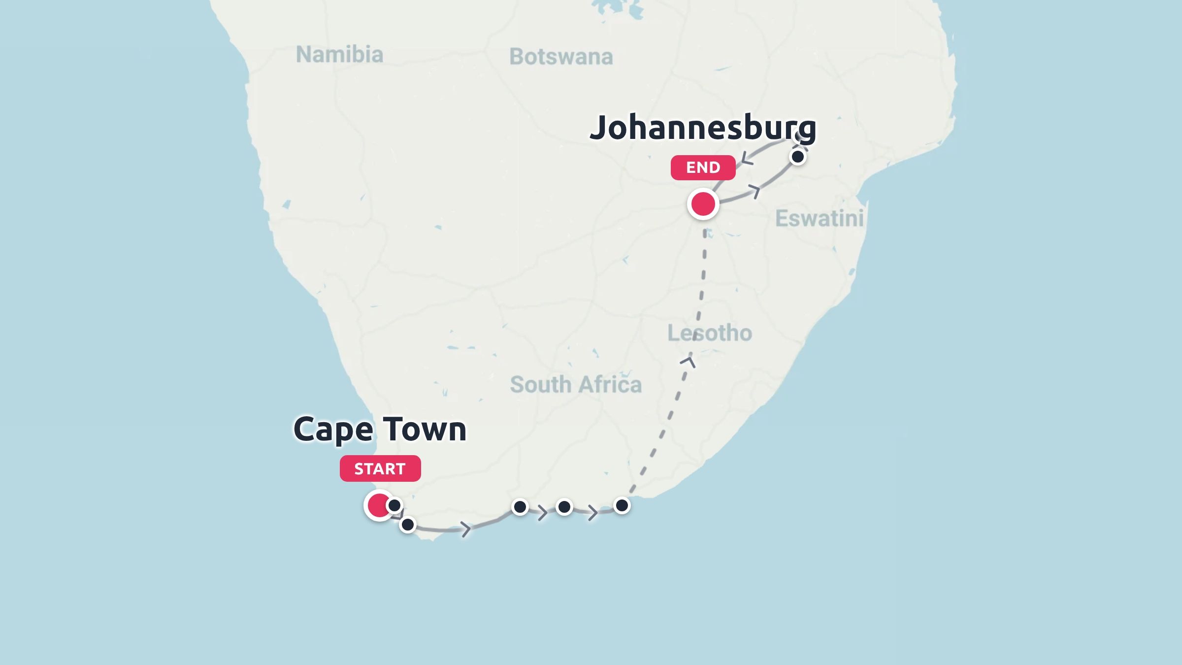 A travel route map across South Africa, starting in Cape Town and concluding in Johannesburg.