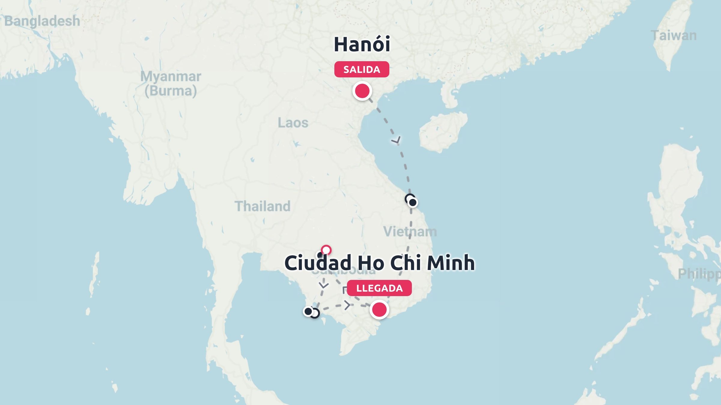 Un mapa de itinerario de viaje por Vietnam que muestra una ruta que comienza en Hanói y termina en Ciudad Ho Chi Minh.