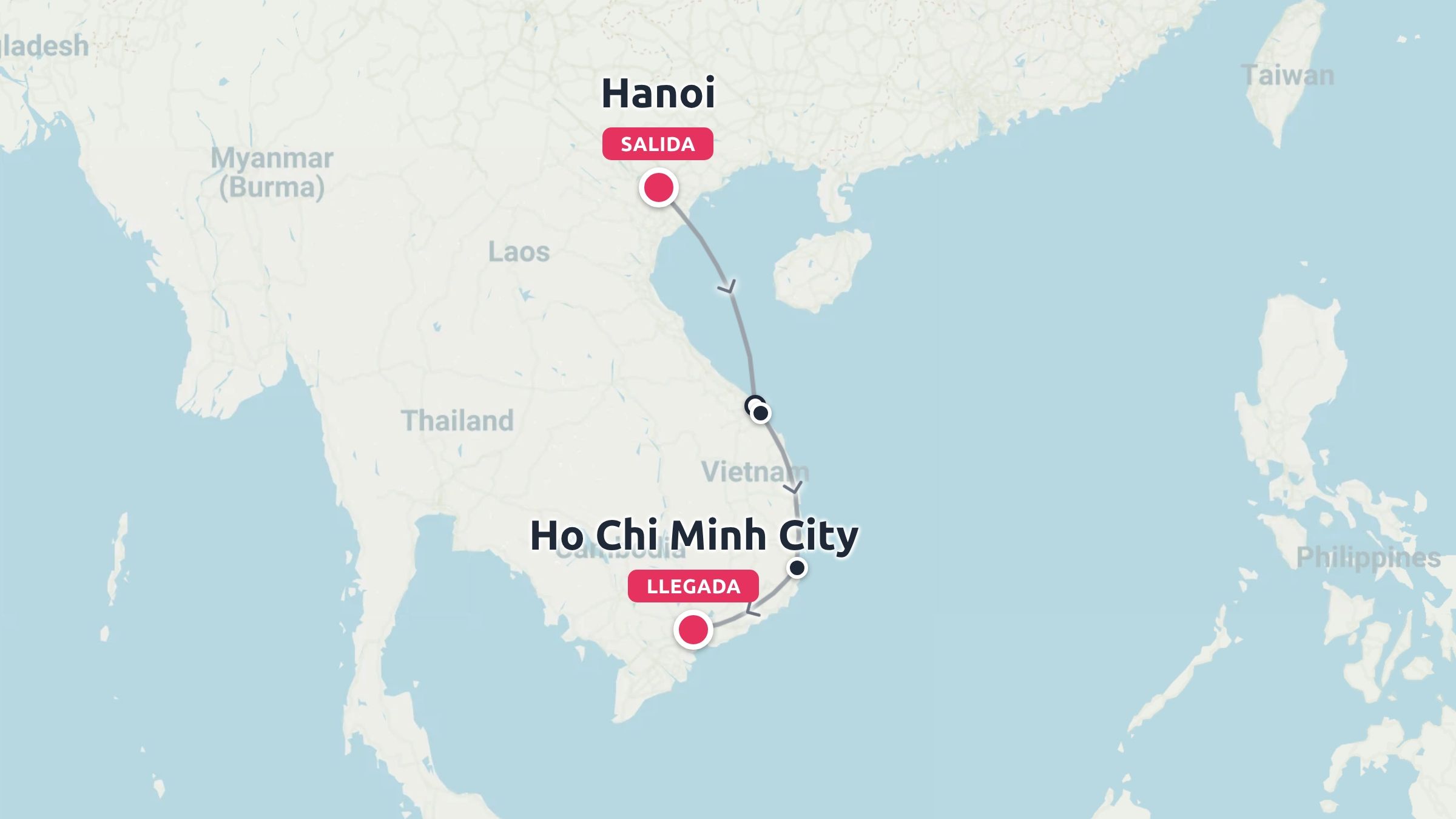 Un mapa de viaje de Vietnam que muestra una ruta que comienza en Hanói y termina en Ciudad Ho Chi Minh