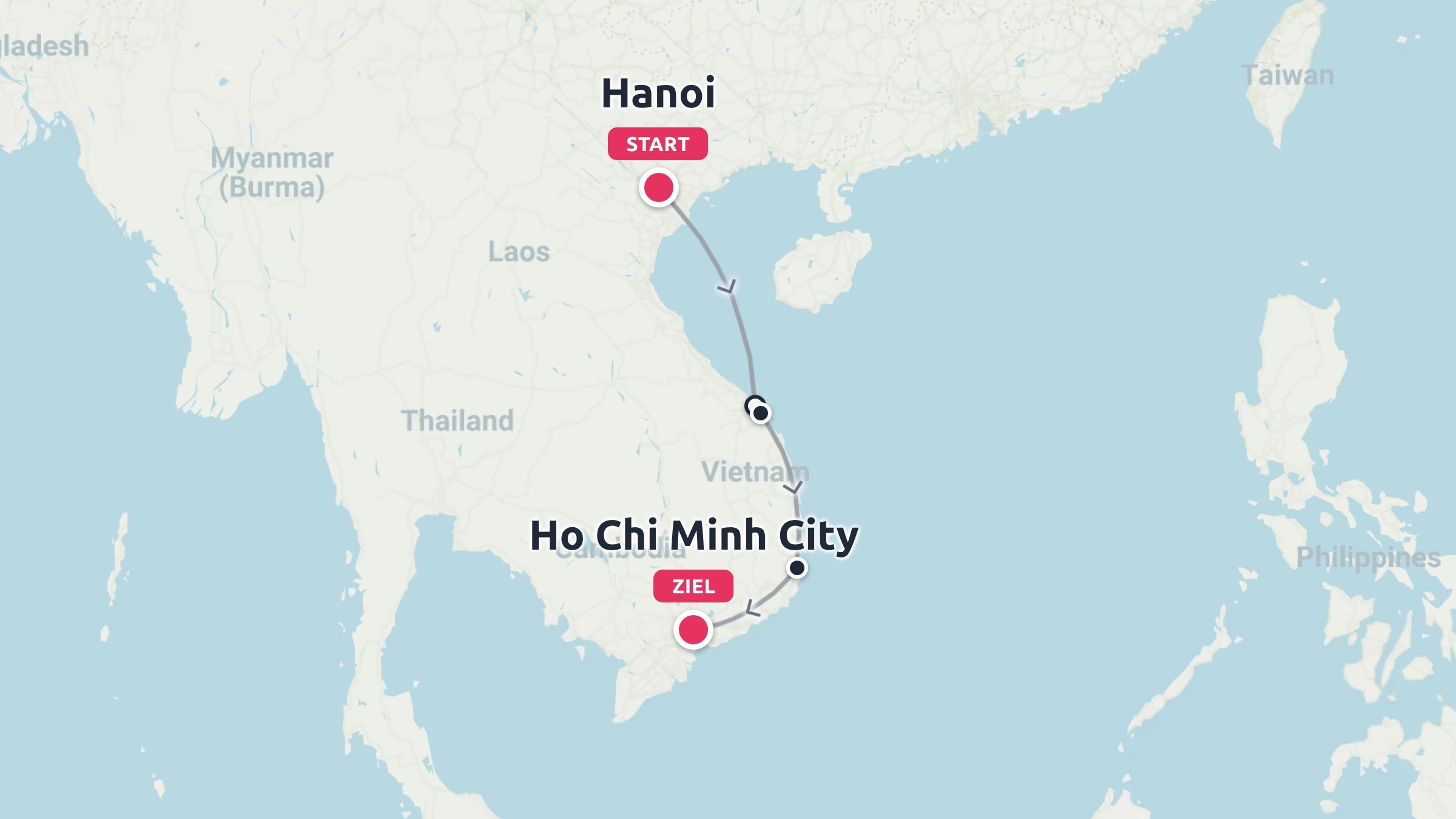 Eine Reisekarte von Vietnam mit einer Reiseroute, die in Hanoi beginnt und in Ho-Chi-Minh-Stadt endet.