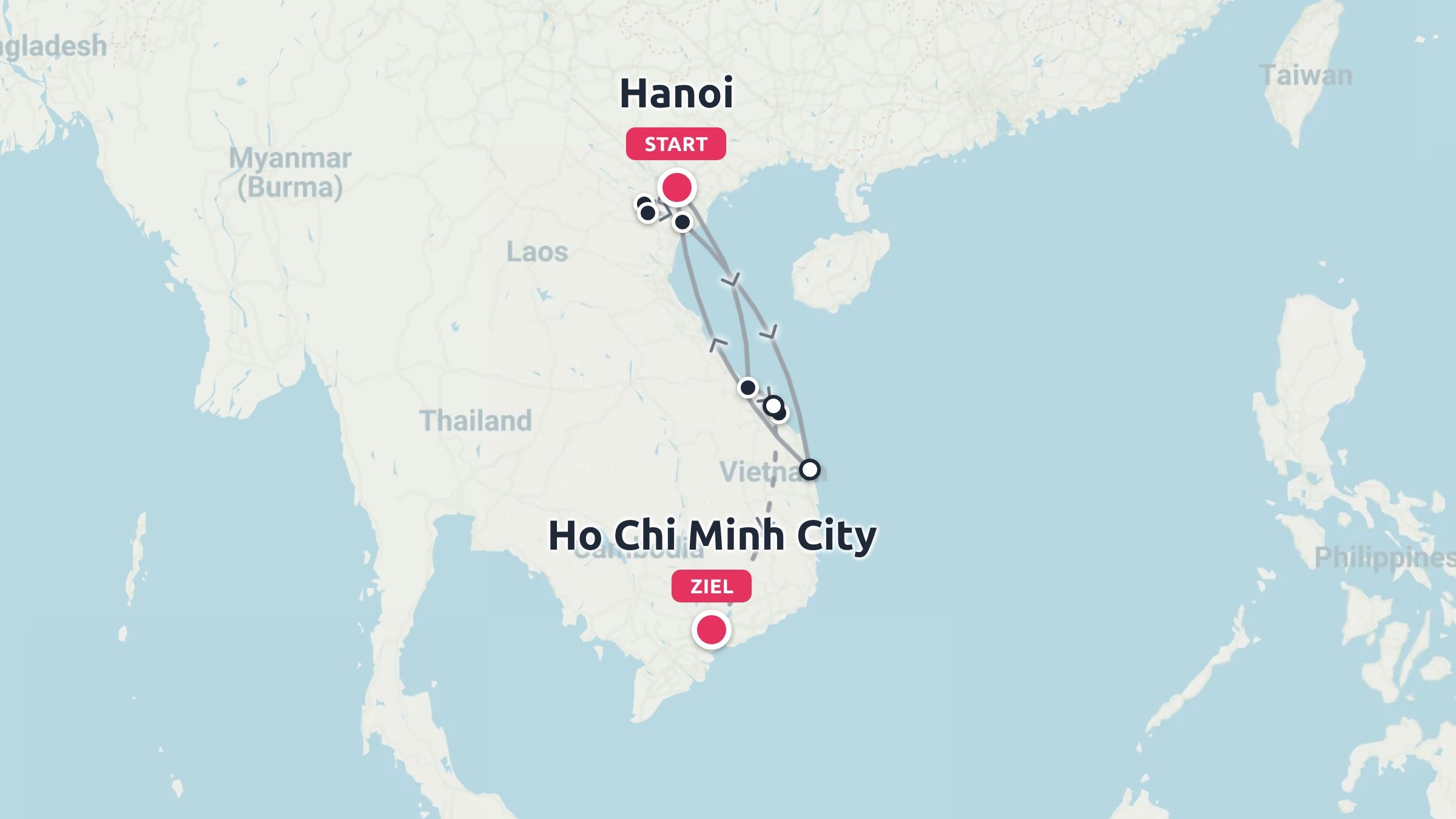 Eine Reiseroute durch Vietnam von Hanoi nach Ho-Chi-Minh-Stadt.