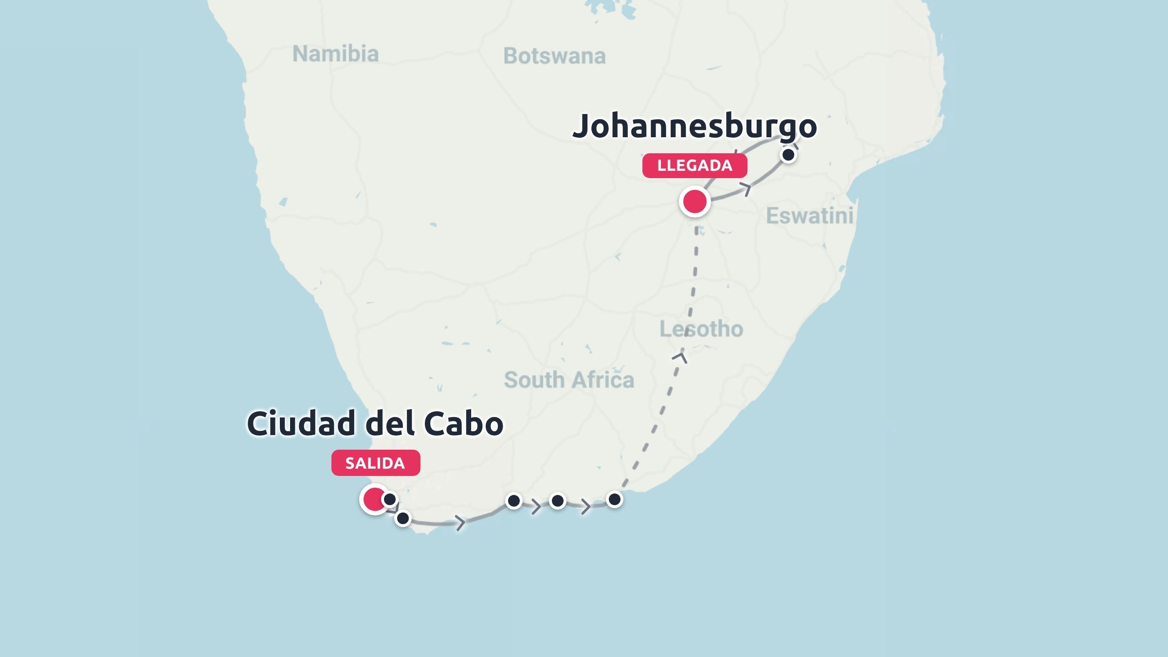 Un mapa de ruta de viaje por Sudáfrica que muestra un viaje desde Ciudad del Cabo hasta Johannesburgo.