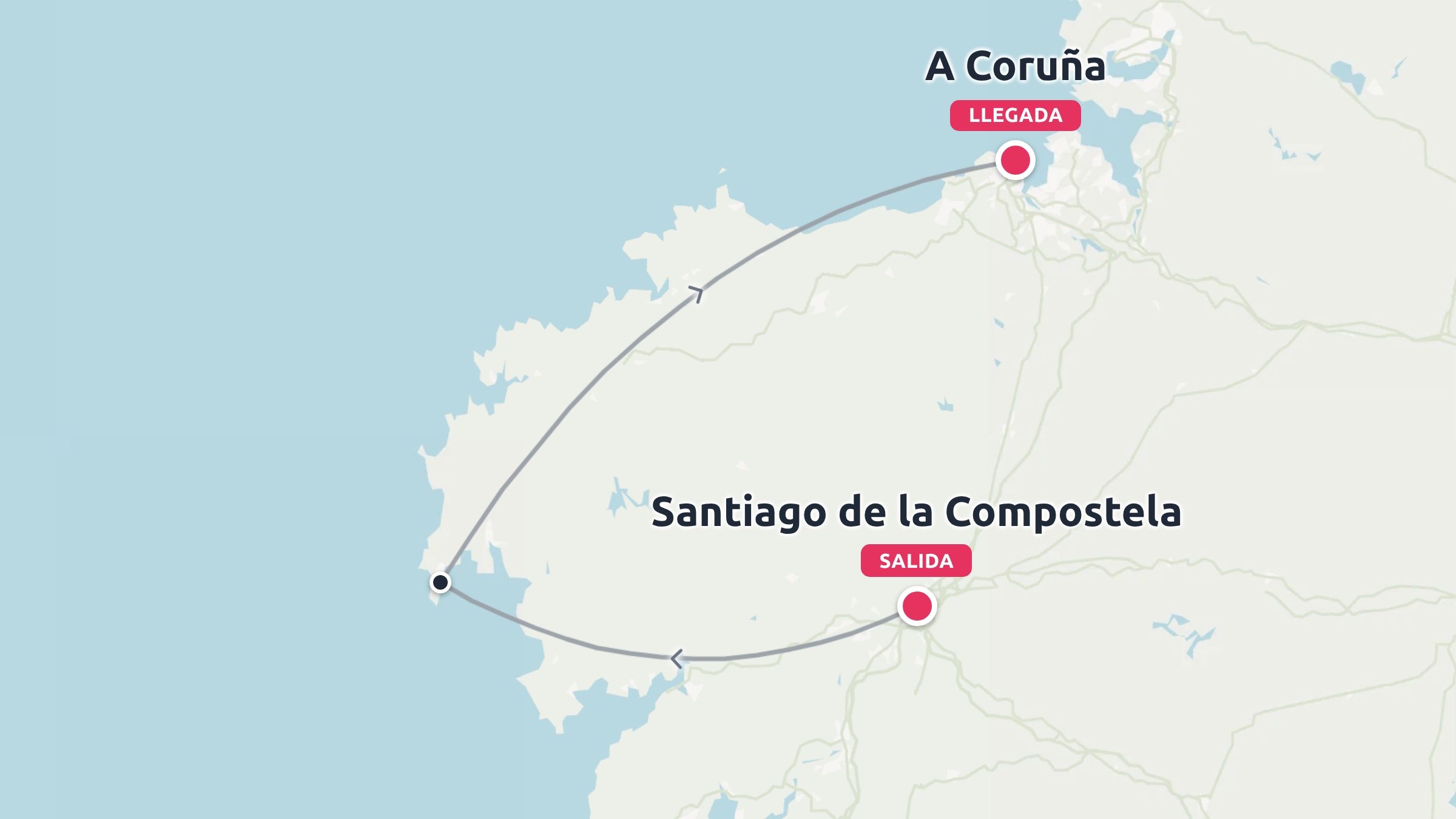 Mapa de viajes que muestra una ruta curva desde Santiago de Compostela hasta A Coruña por la costa