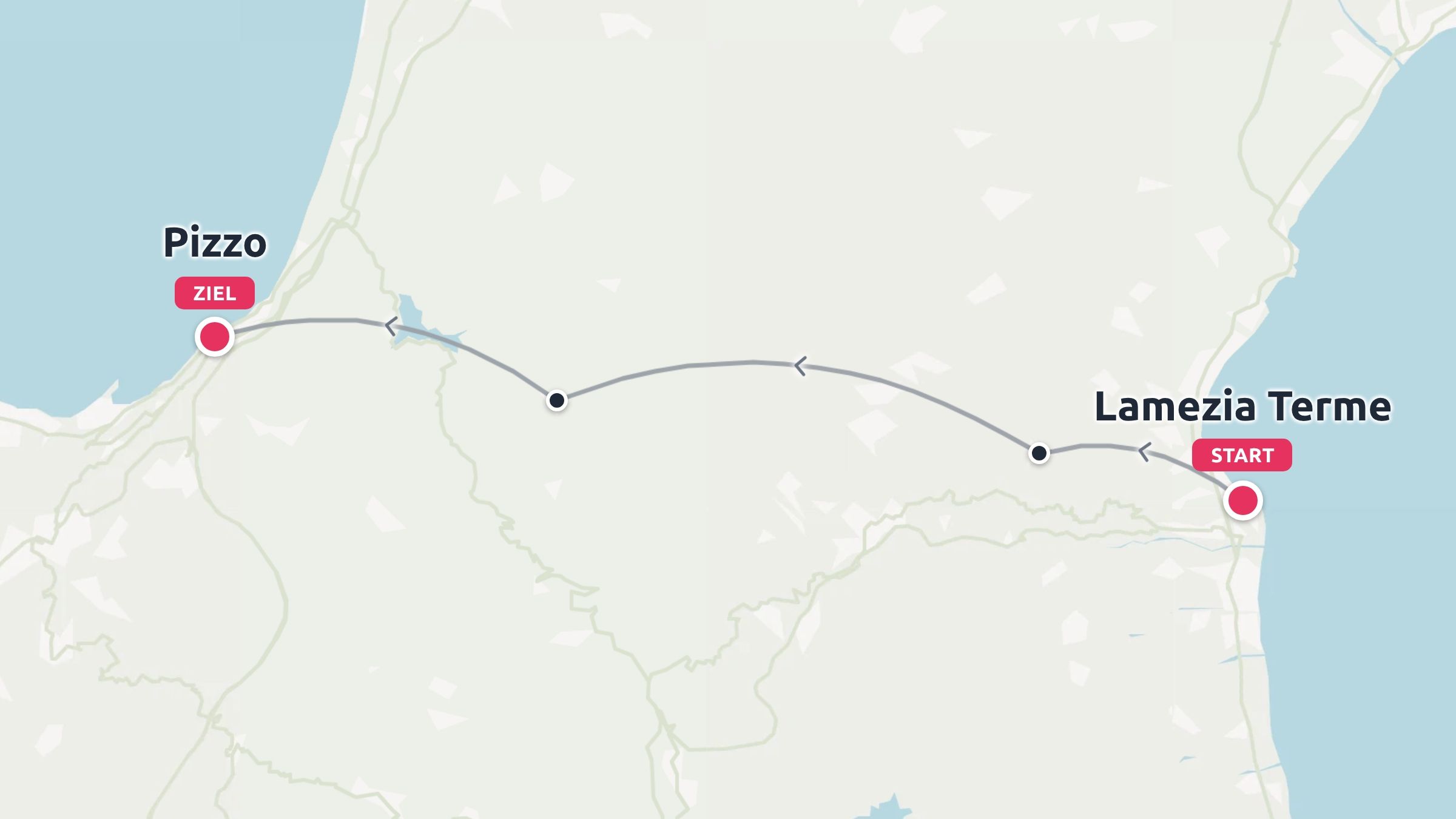 Eine Reiseroute, die einen Weg von Lamezia Terme nach Pizzo zeigt.