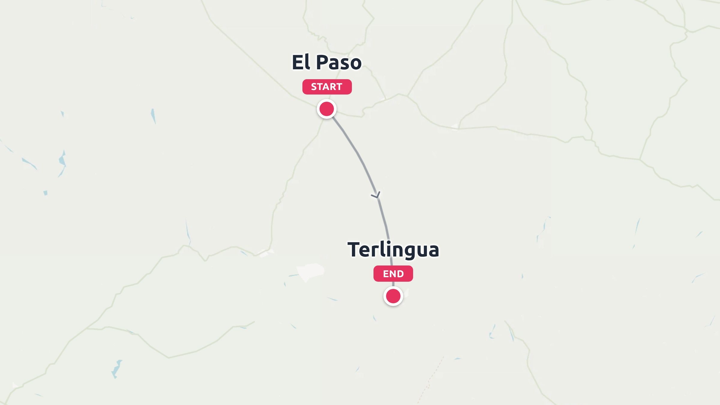 A travel route map showing a journey starting in El Paso and ending in Terlingua.