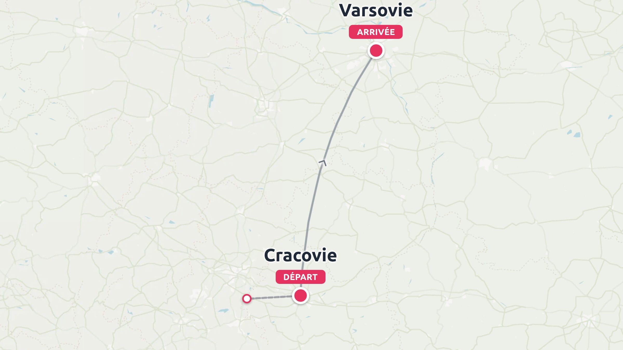 Un itinéraire de voyage affichant un trajet commençant à Cracovie et se terminant à Varsovie.