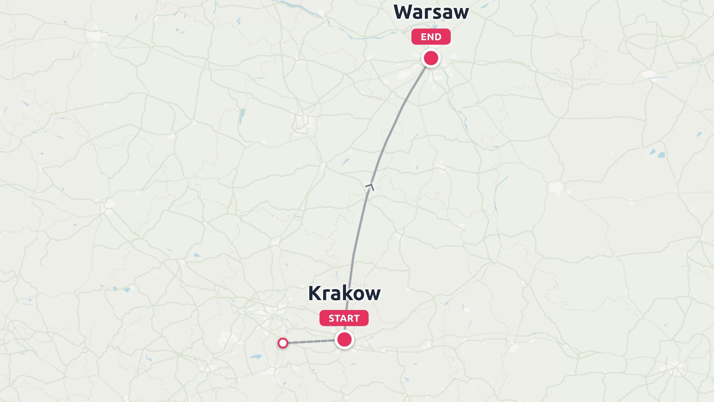 Travel route map showing a path starting in Krakow and ending in Warsaw.