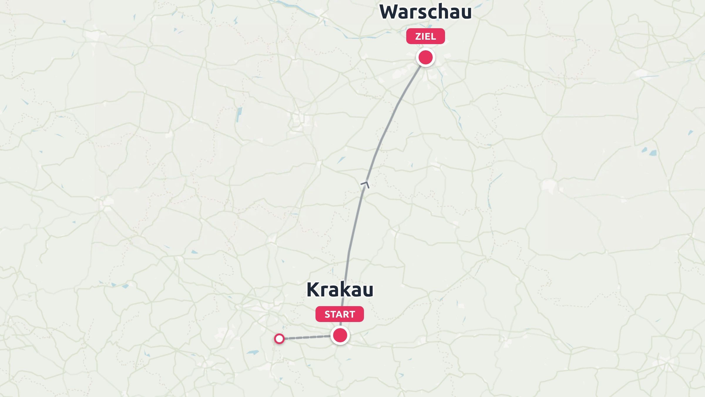 Reiseroute mit einer Reise, die in Krakau beginnt und in Warschau endet.