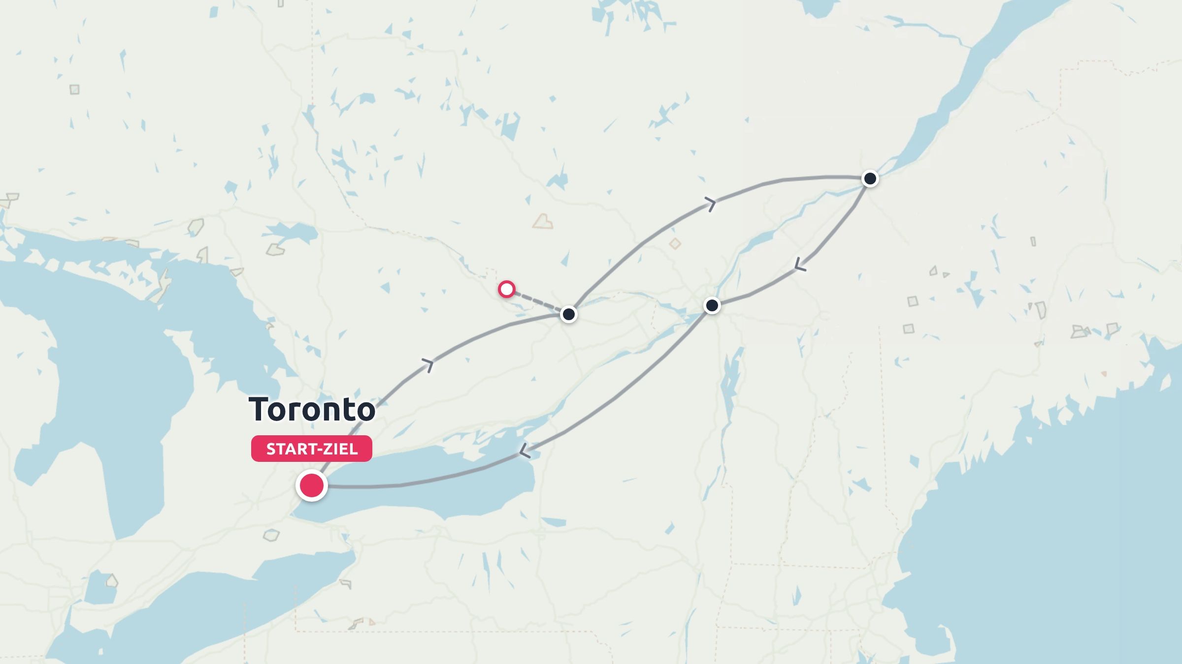 Reiseroute mit einer Rundreise, die in Toronto beginnt und endet und durch den Osten Kanadas führt.