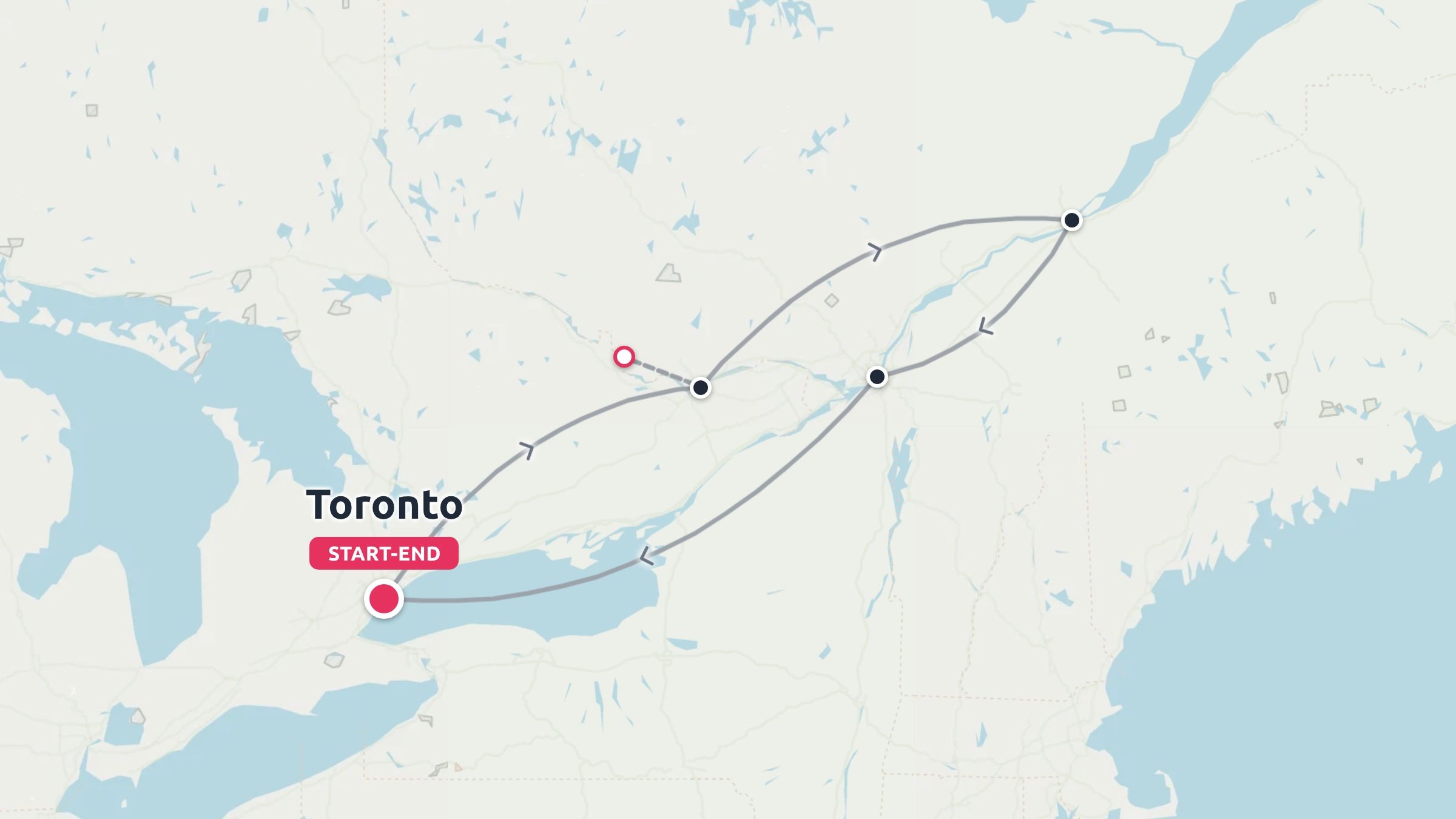 A travel route map showing a round-trip itinerary starting and ending in Toronto with waypoints across eastern Canada.