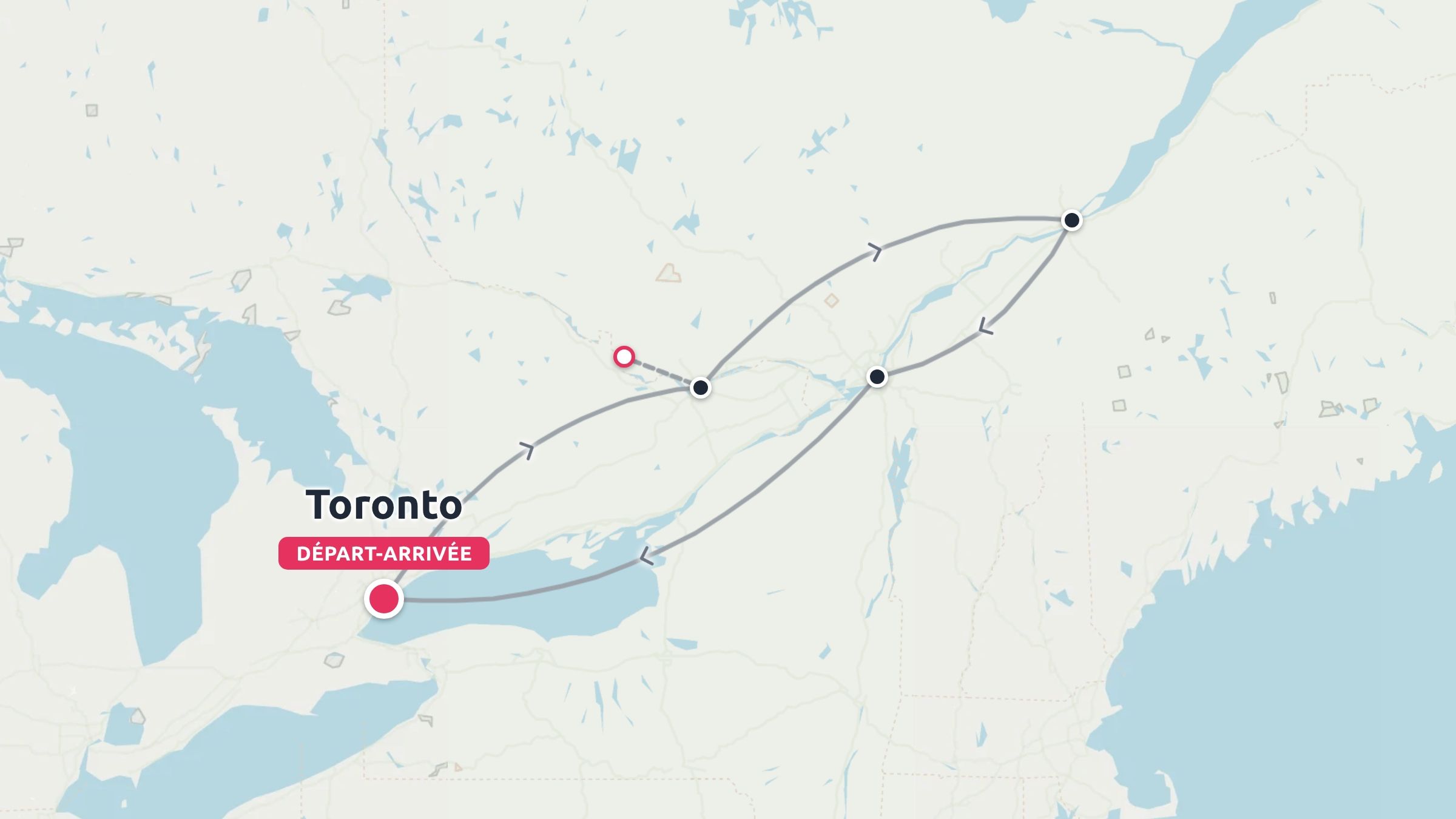 Un itinéraire de voyage au départ et à l'arrivée de Toronto, faisant une boucle dans l'est du Canada avec des arrêts marqués en chemin.
