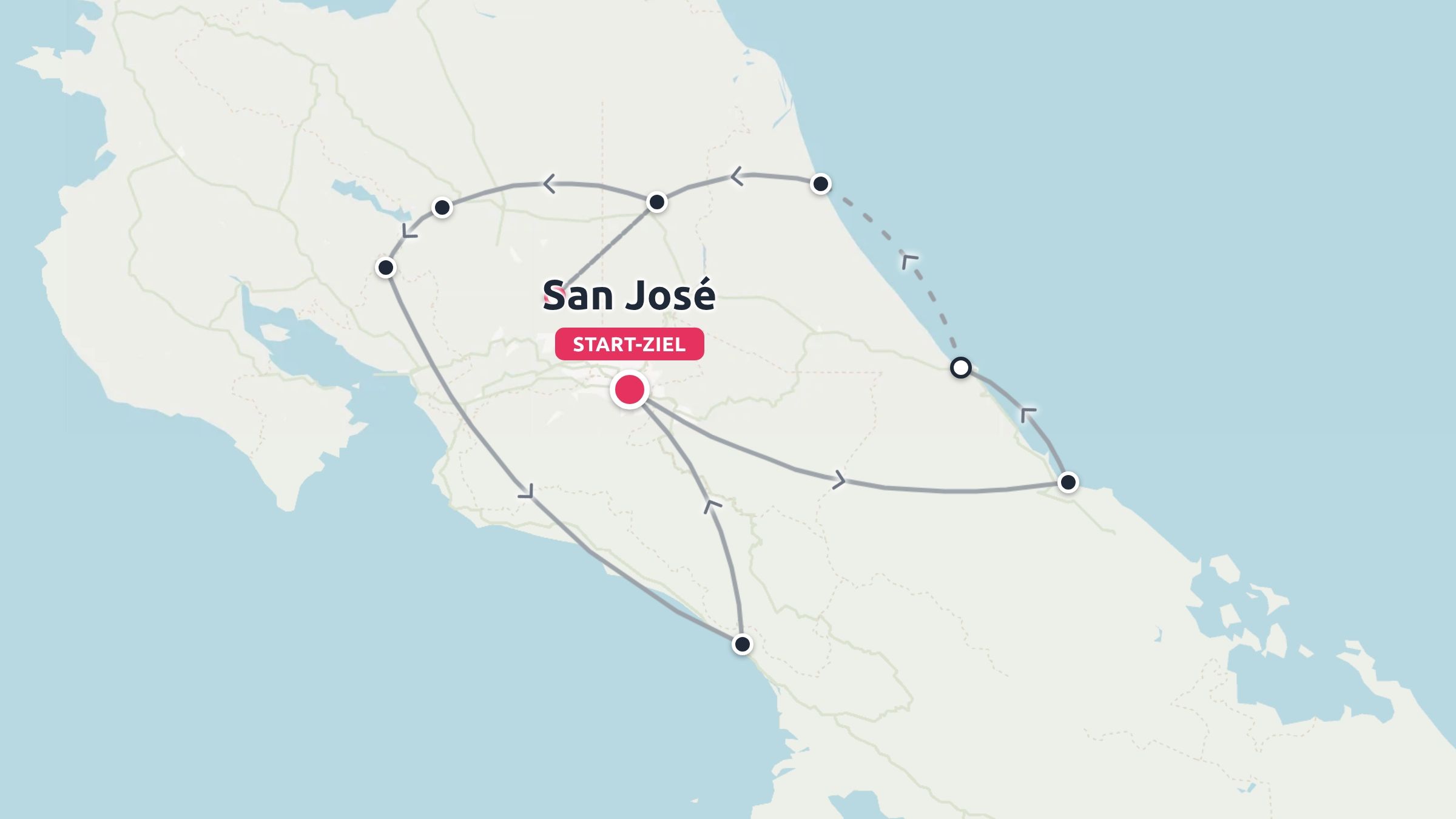 Reiseroute durch ein Land mit Wegpunkten beginnend und endend in San José