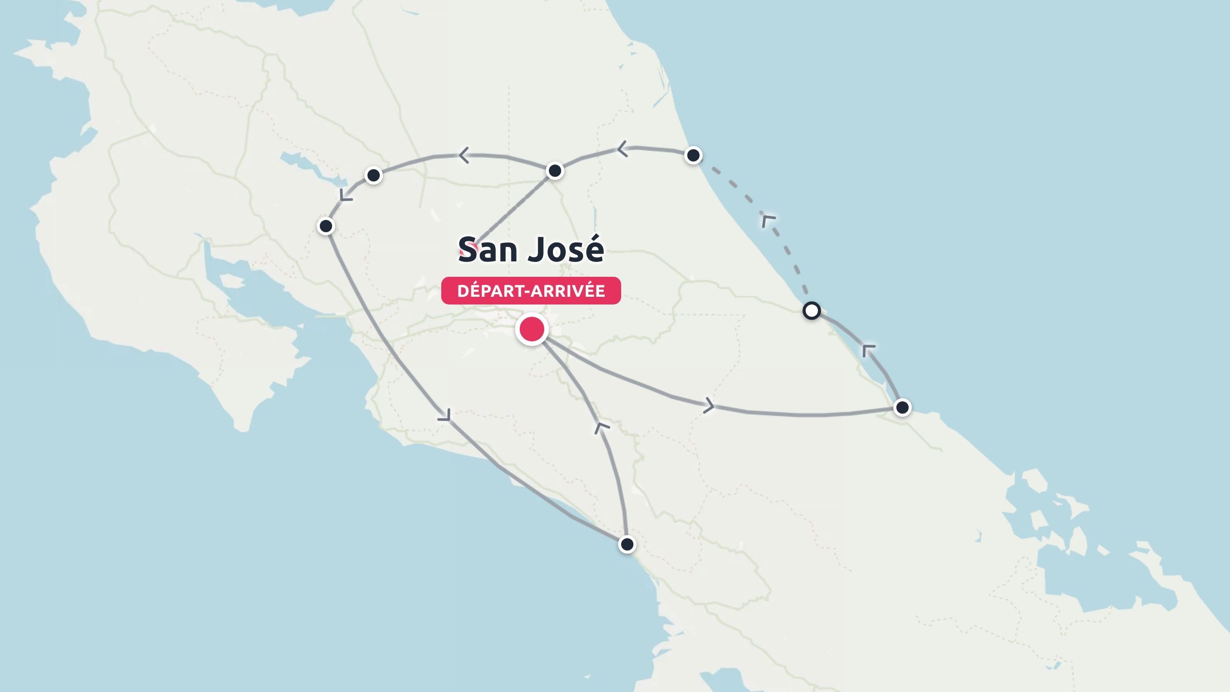 Une carte d'itinéraire de voyage du Costa Rica présentant un parcours en boucle commençant et se terminant à San José.